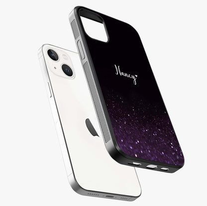 Glittery Purple Bokeh Custom Name Glass Case laid diagonally highlighting side profile, edges and glossy glass shine.