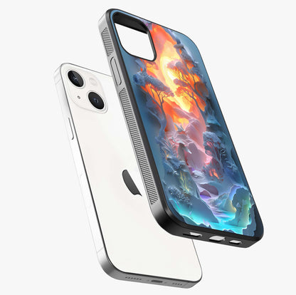 Glow Forest Portal Glass Case laid diagonally highlighting side profile, edges and glossy glass shine.