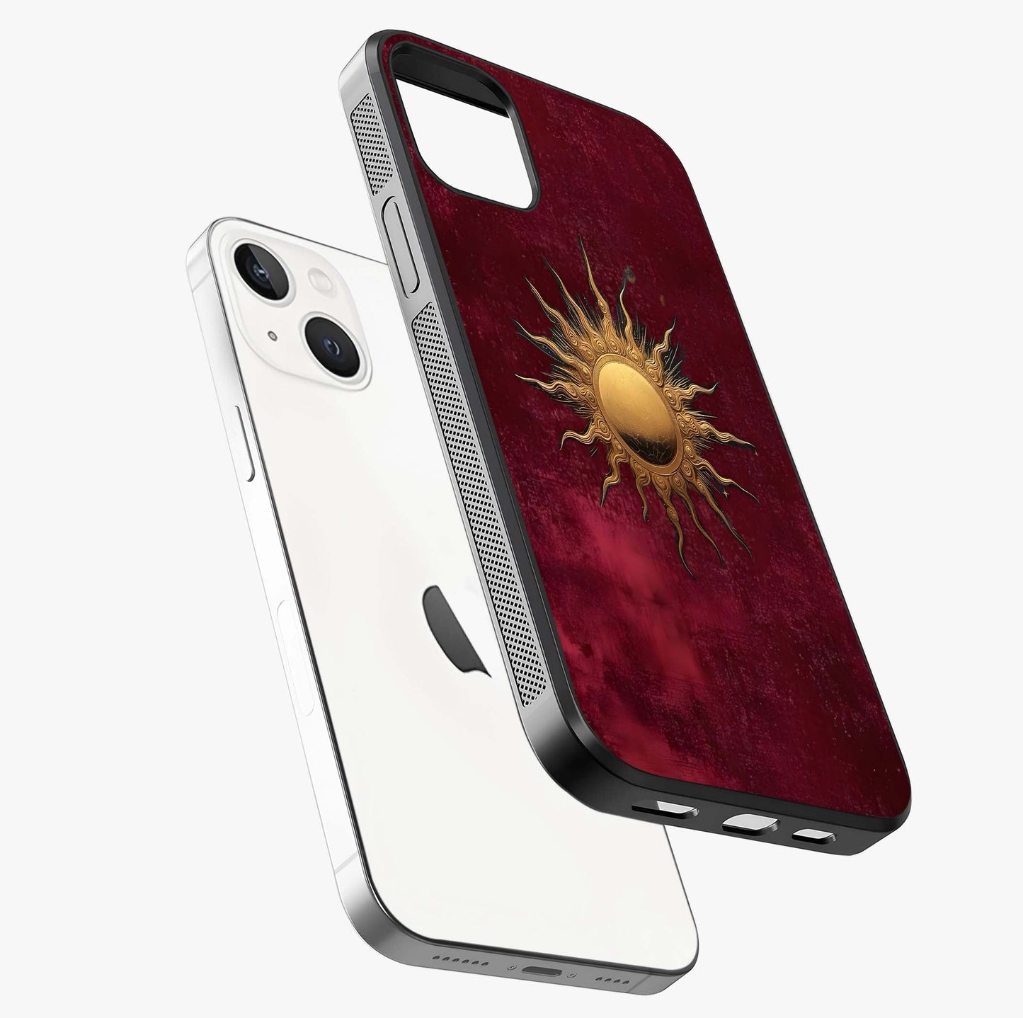 Gold Sun Blush Glass Case laid diagonally highlighting side profile, edges and glossy glass shine.