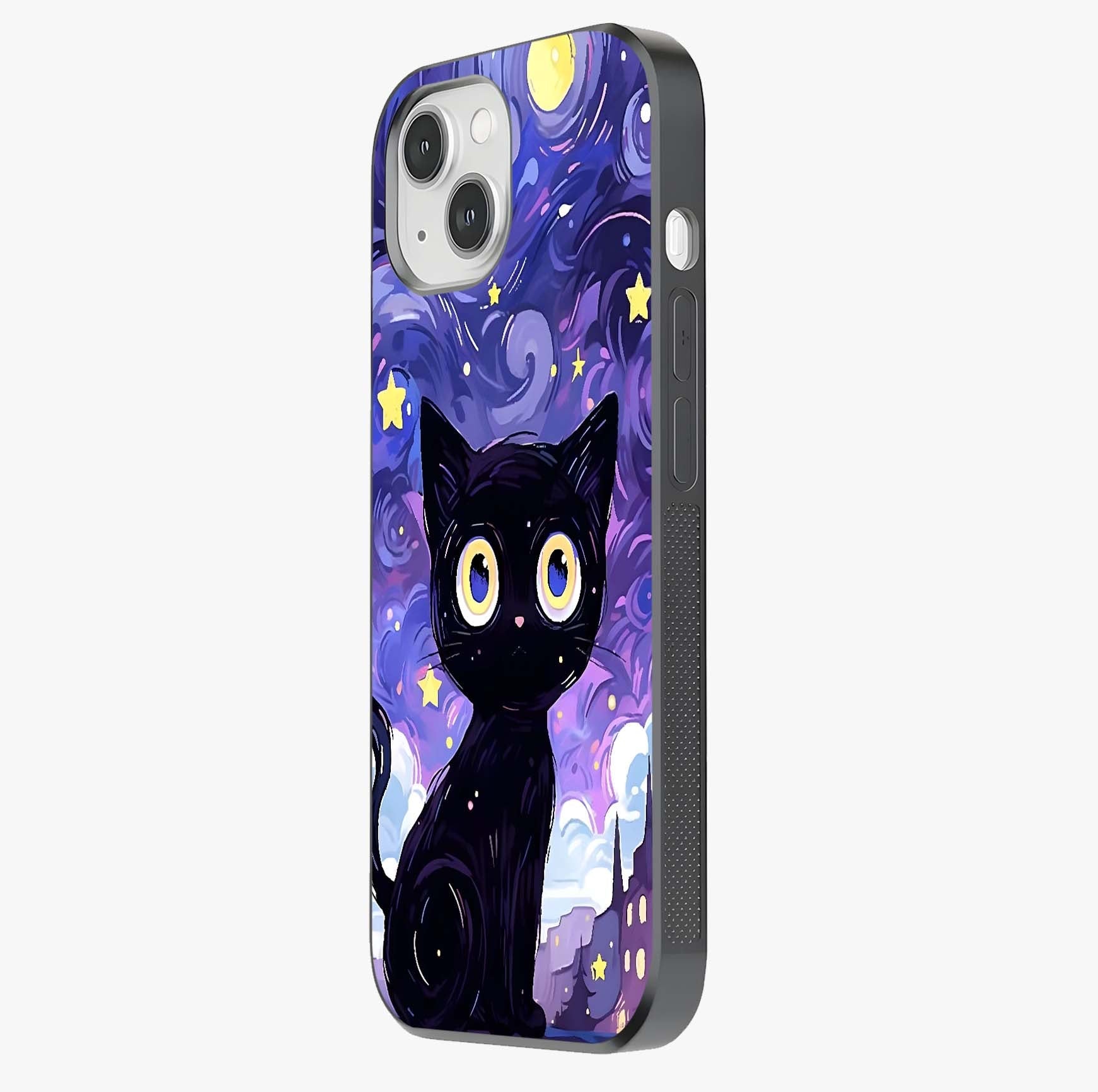 Abstract Cat Art Glass Case photographed in natural light showing reflective finish and design depth.