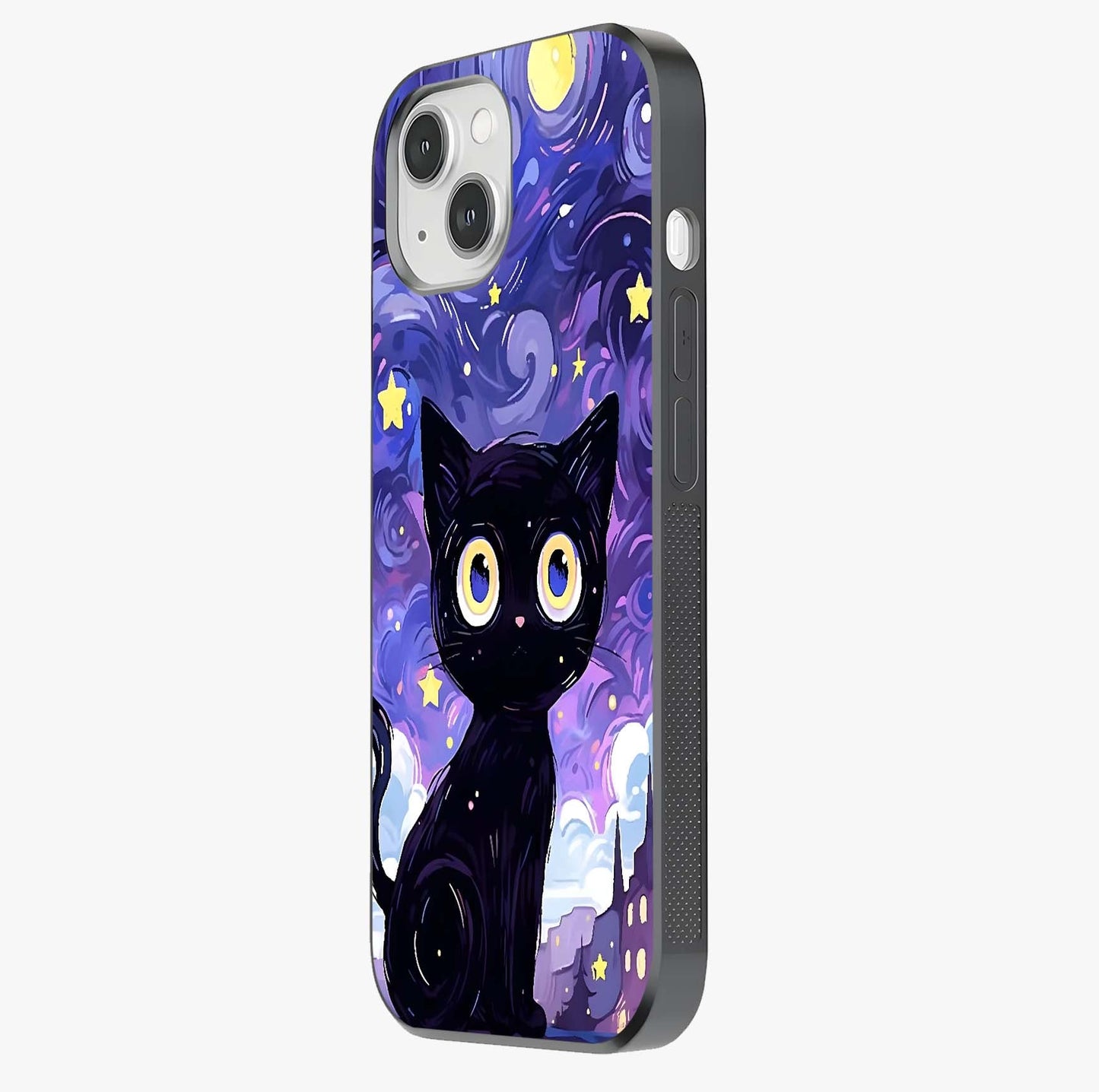 Abstract Cat Art Glass Case photographed in natural light showing reflective finish and design depth.