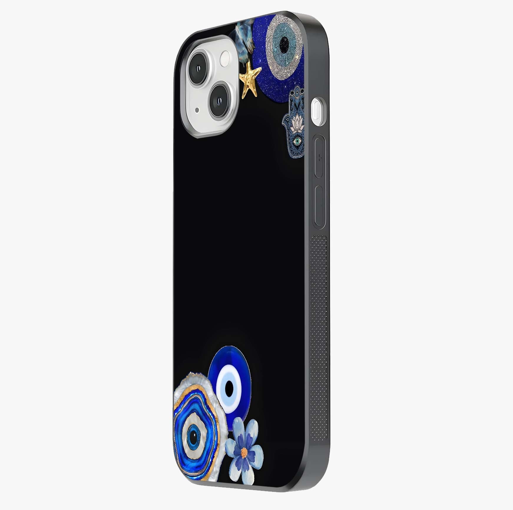 Aesthetic Blue Evil Eye Glass Case photographed in natural light showing reflective finish and design depth.