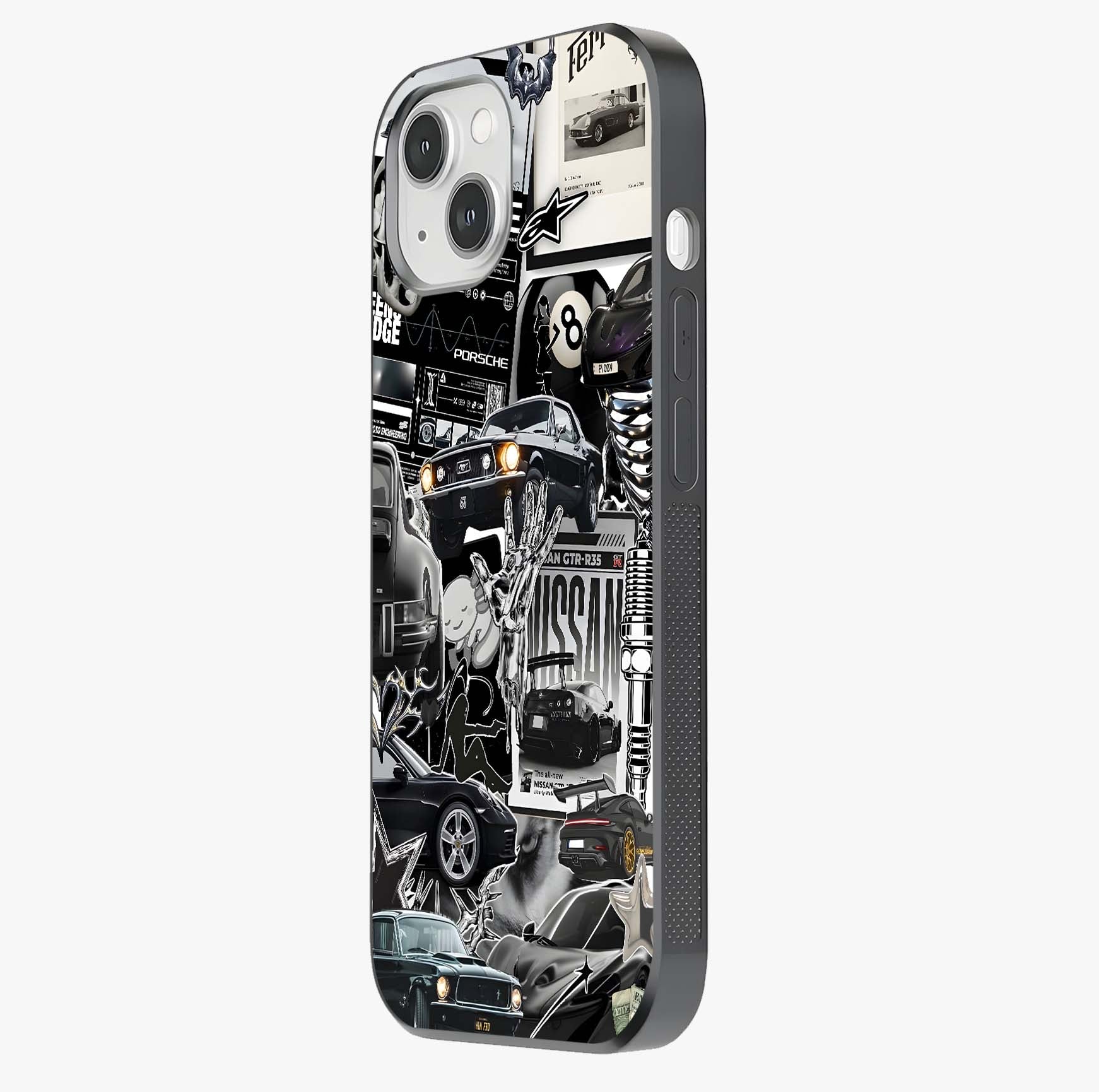 Aesthetic Dark Love Glass Case photographed in natural light showing reflective finish and design depth.