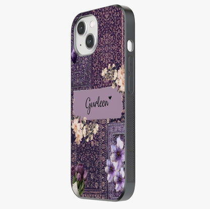 Antique Floral Whisper Custom Name Glass Case photographed in natural light showing reflective finish and design depth.