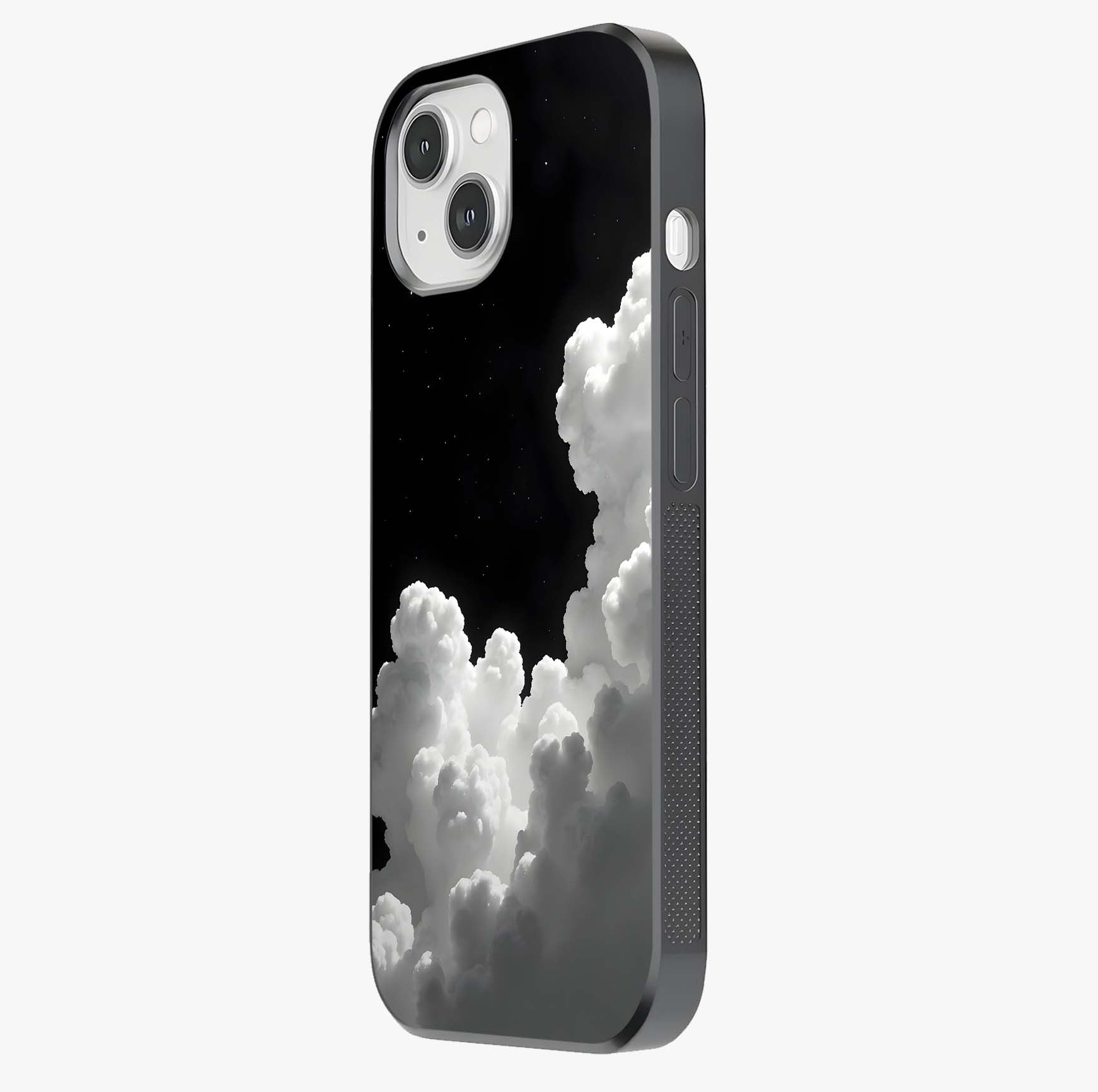 Black Background With White Cloud Glass Case photographed in natural light showing reflective finish and design depth.