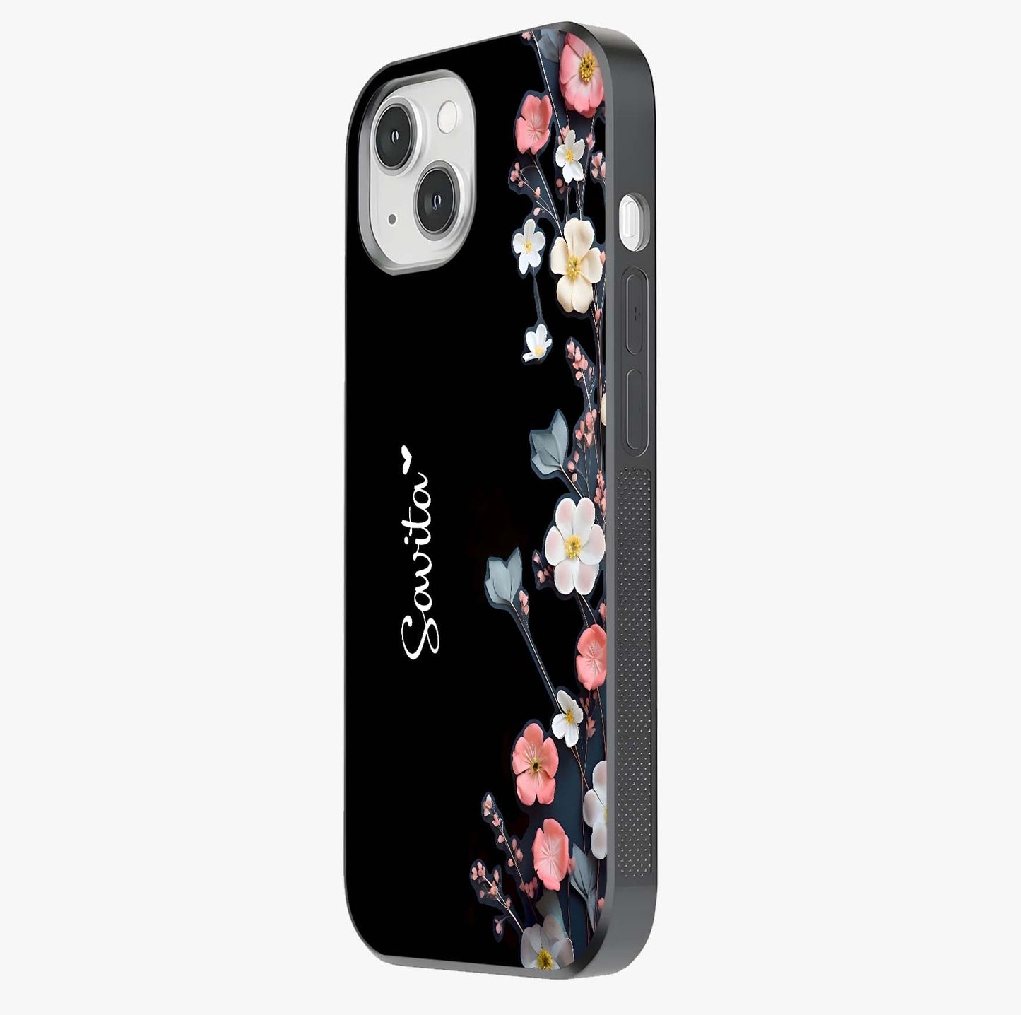 Black Elegance Floral Custom Name Glass Case photographed in natural light showing reflective finish and design depth.