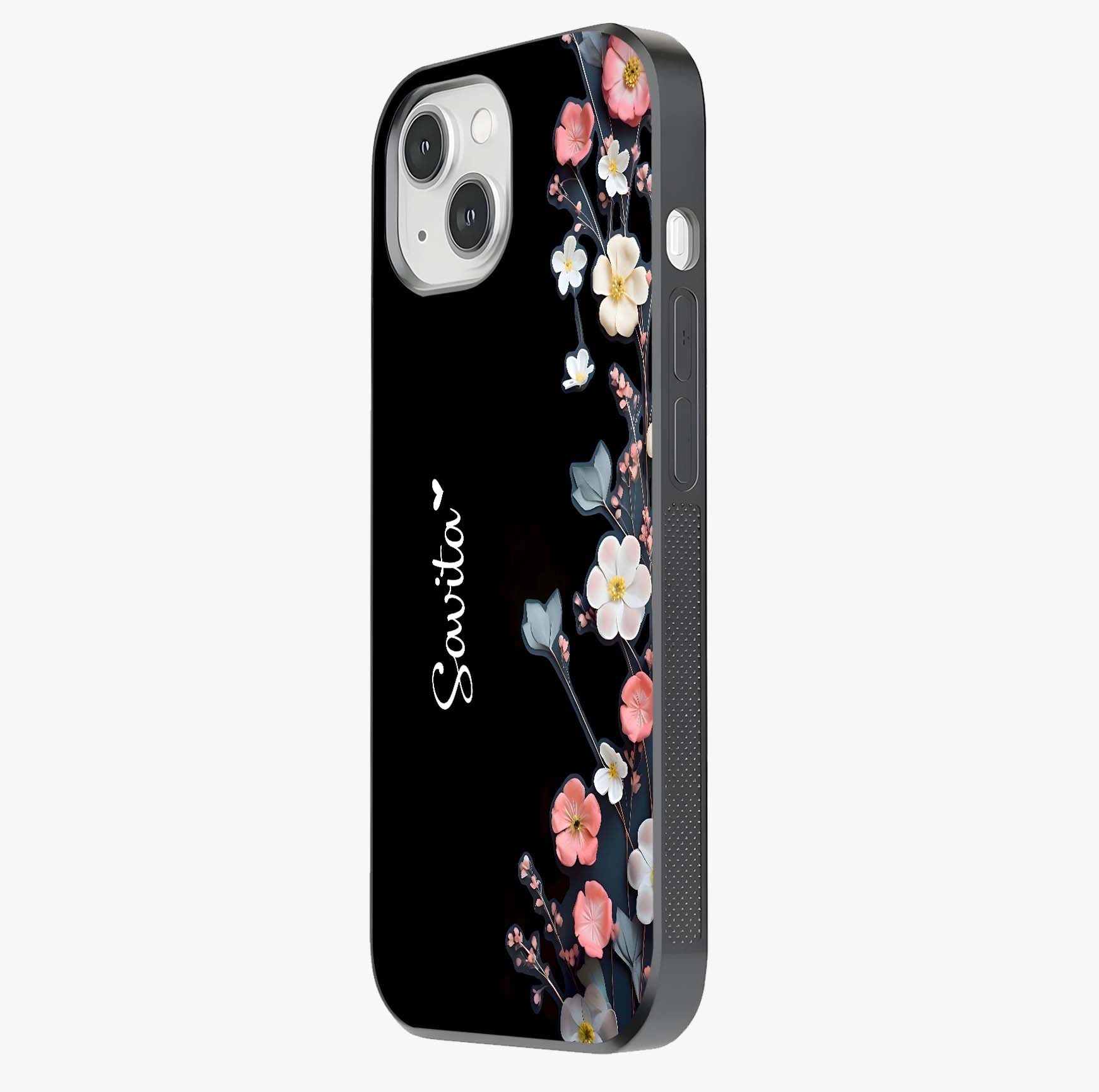 Black Elegance Floral Custom Name Glass Case photographed in natural light showing reflective finish and design depth.