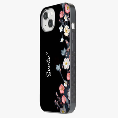 Black Elegance Floral Custom Name Glass Case photographed in natural light showing reflective finish and design depth.