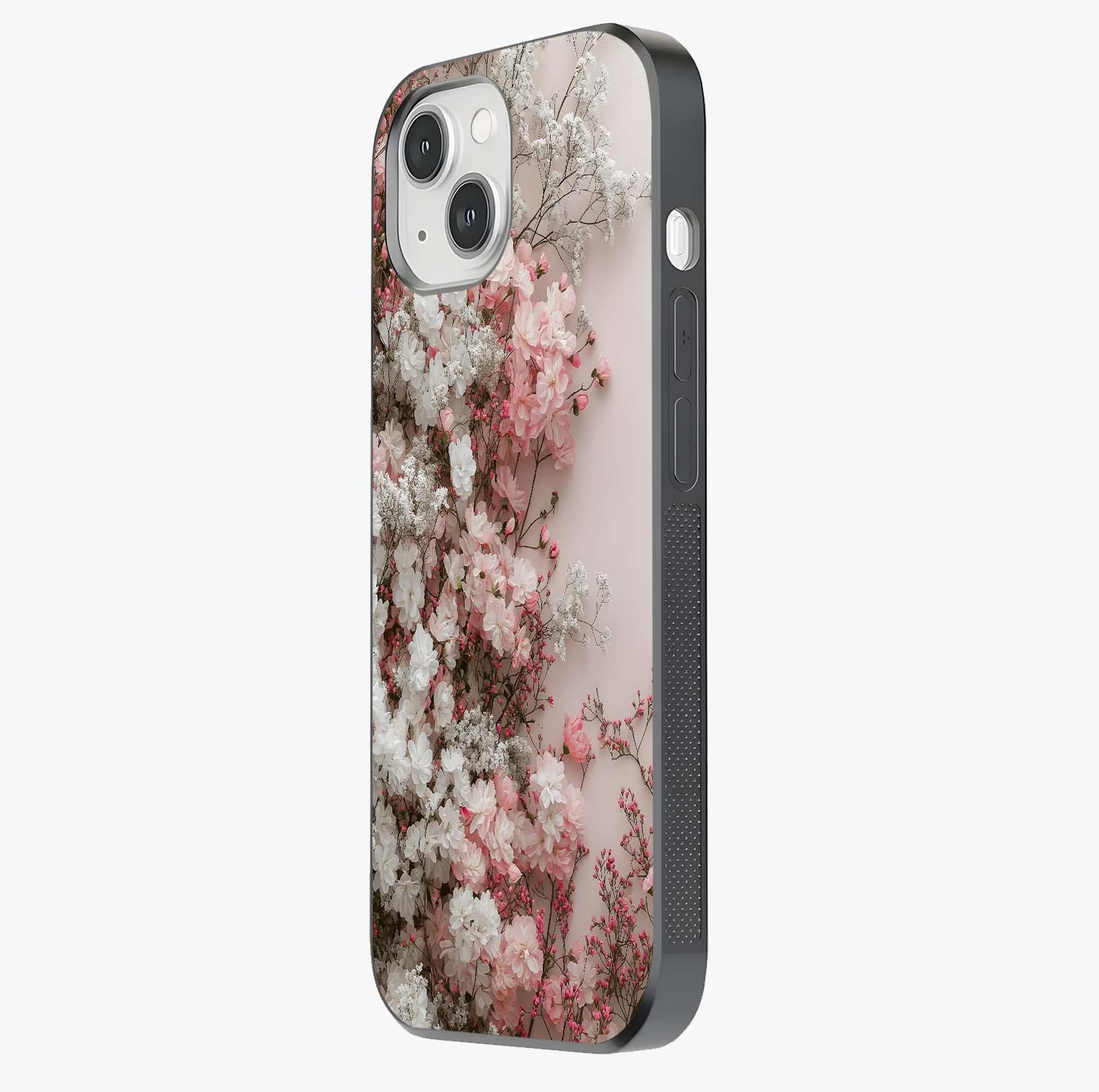 Blush Blossom Cloud Glass Case photographed in natural light showing reflective finish and design depth.