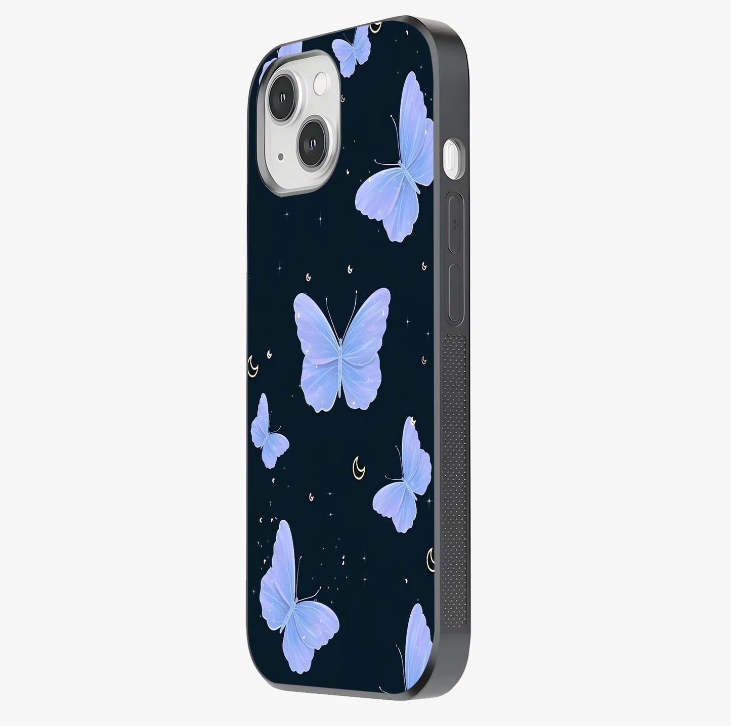 Butterfly With Stars Pattern Glass Case photographed in natural light showing reflective finish and design depth.