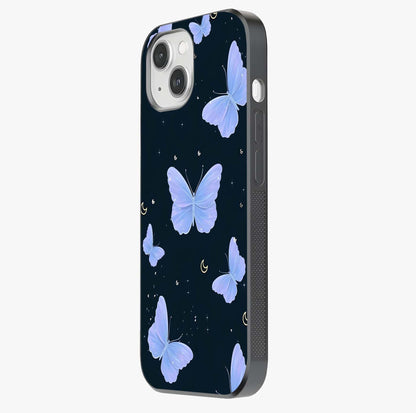 Butterfly With Stars Pattern Glass Case photographed in natural light showing reflective finish and design depth.