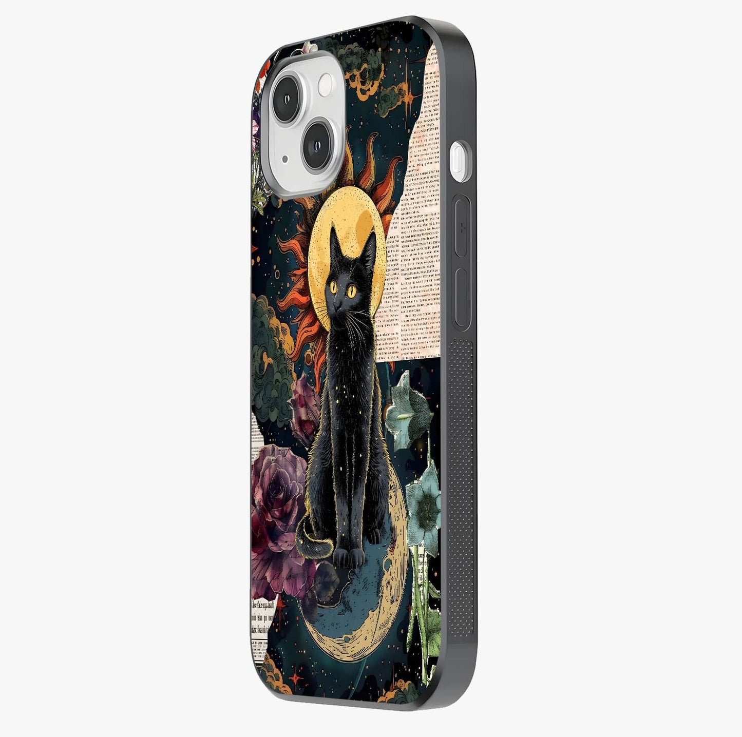 Celestial Black Cat Glass Case photographed in natural light showing reflective finish and design depth.