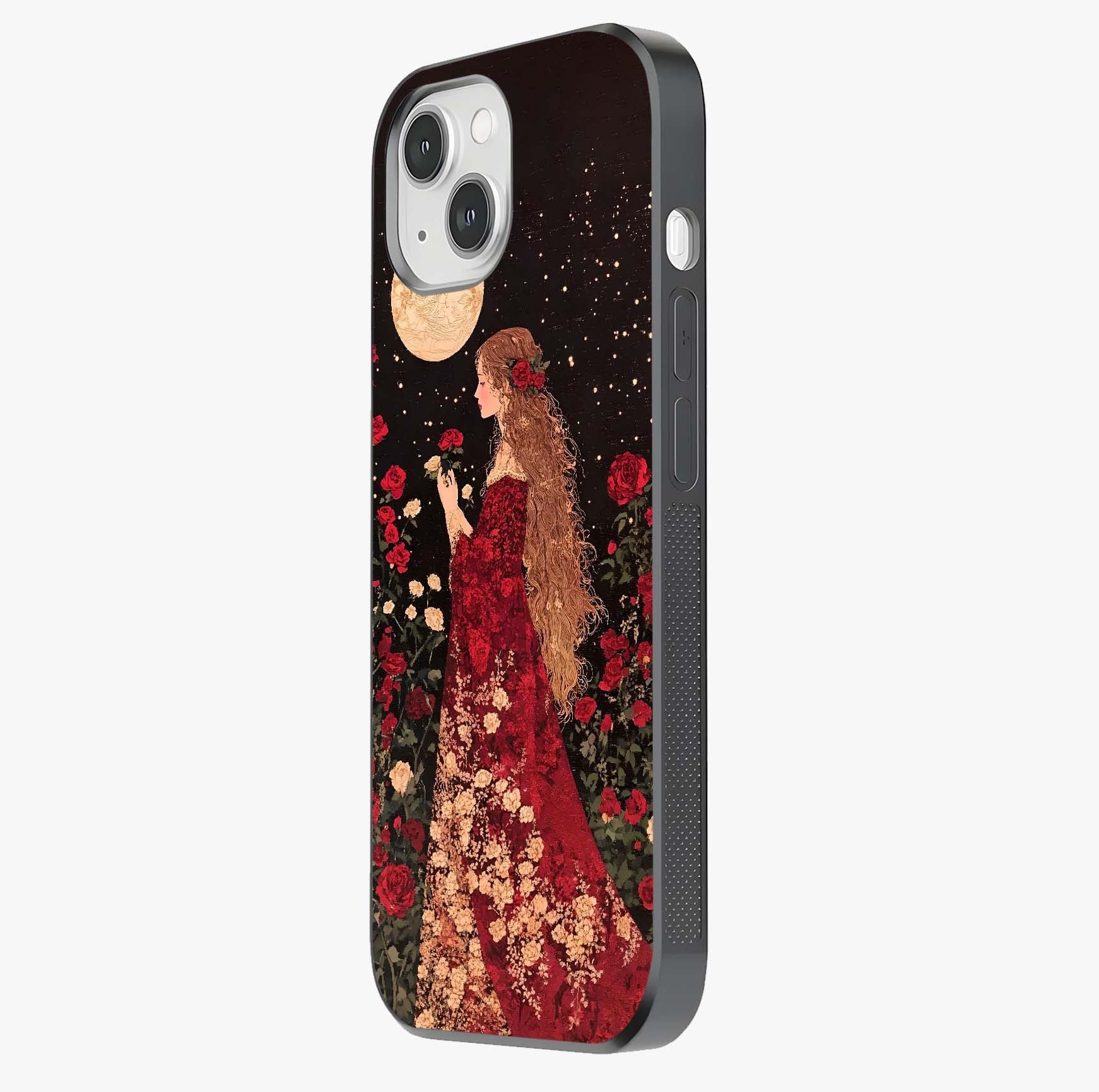 Crimson Dreams Glass Case photographed in natural light showing reflective finish and design depth.