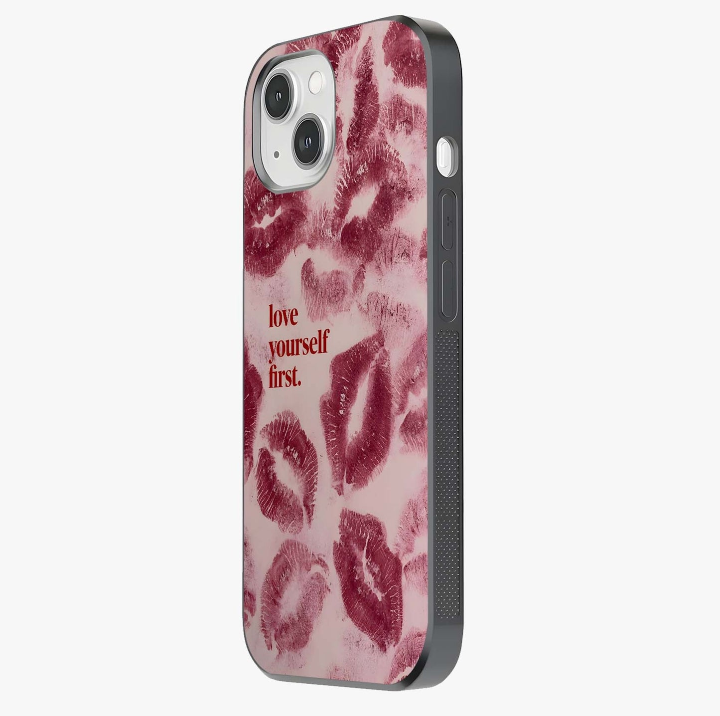 Crimson Kiss Love Glass Case photographed in natural light showing reflective finish and design depth.