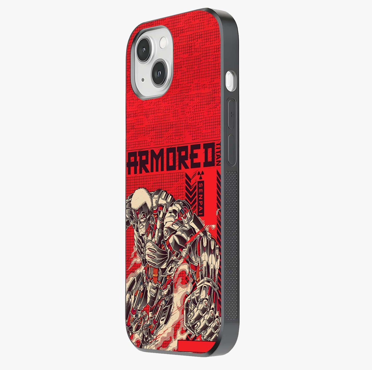 Crimson Mecha Titan Glass Case photographed in natural light showing reflective finish and design depth.
