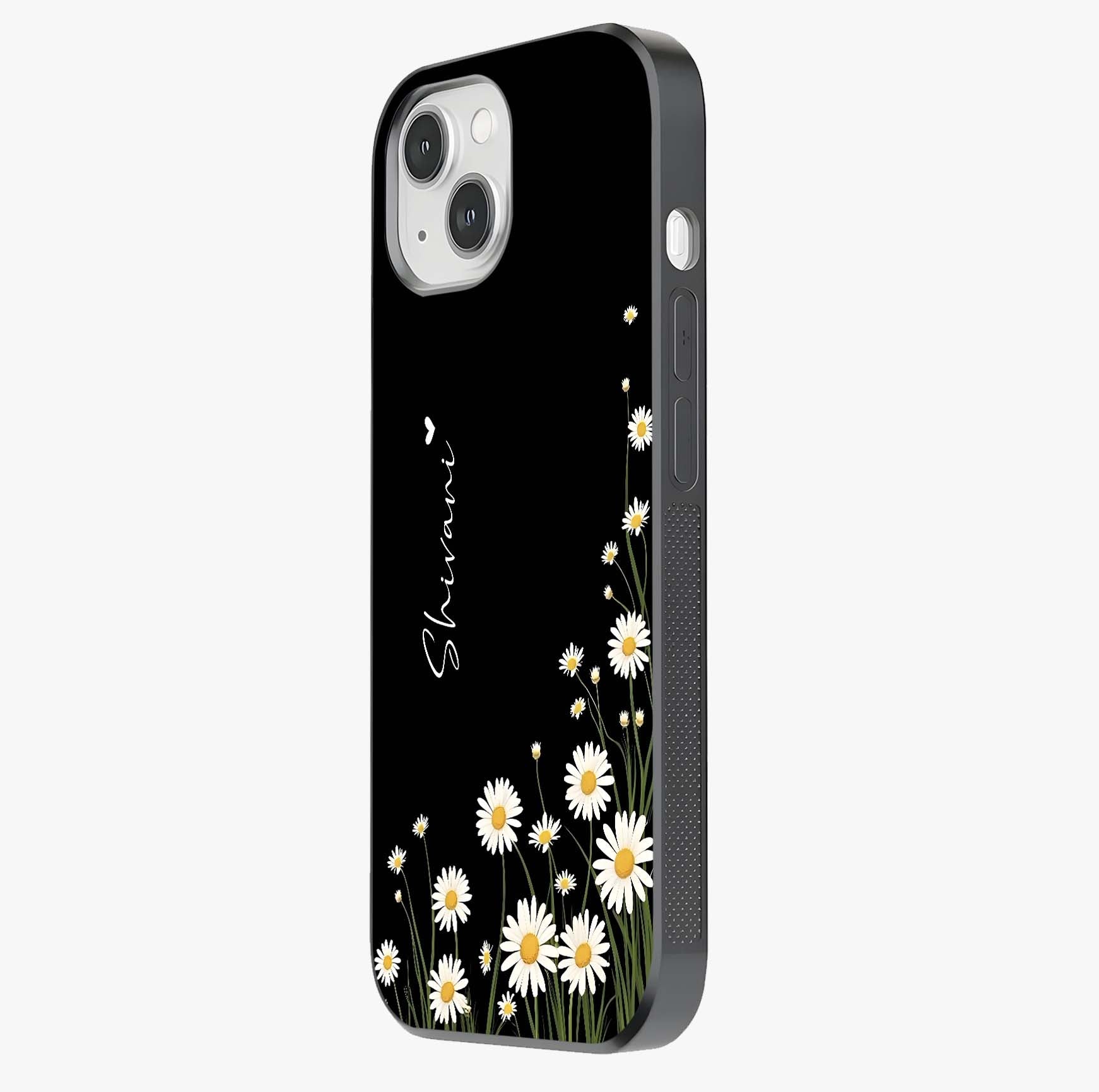 Daisy Cascade Custom Name Glass Case photographed in natural light showing reflective finish and design depth.