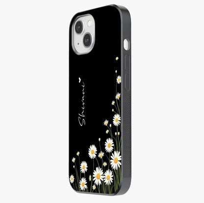 Daisy Cascade Custom Name Glass Case photographed in natural light showing reflective finish and design depth.