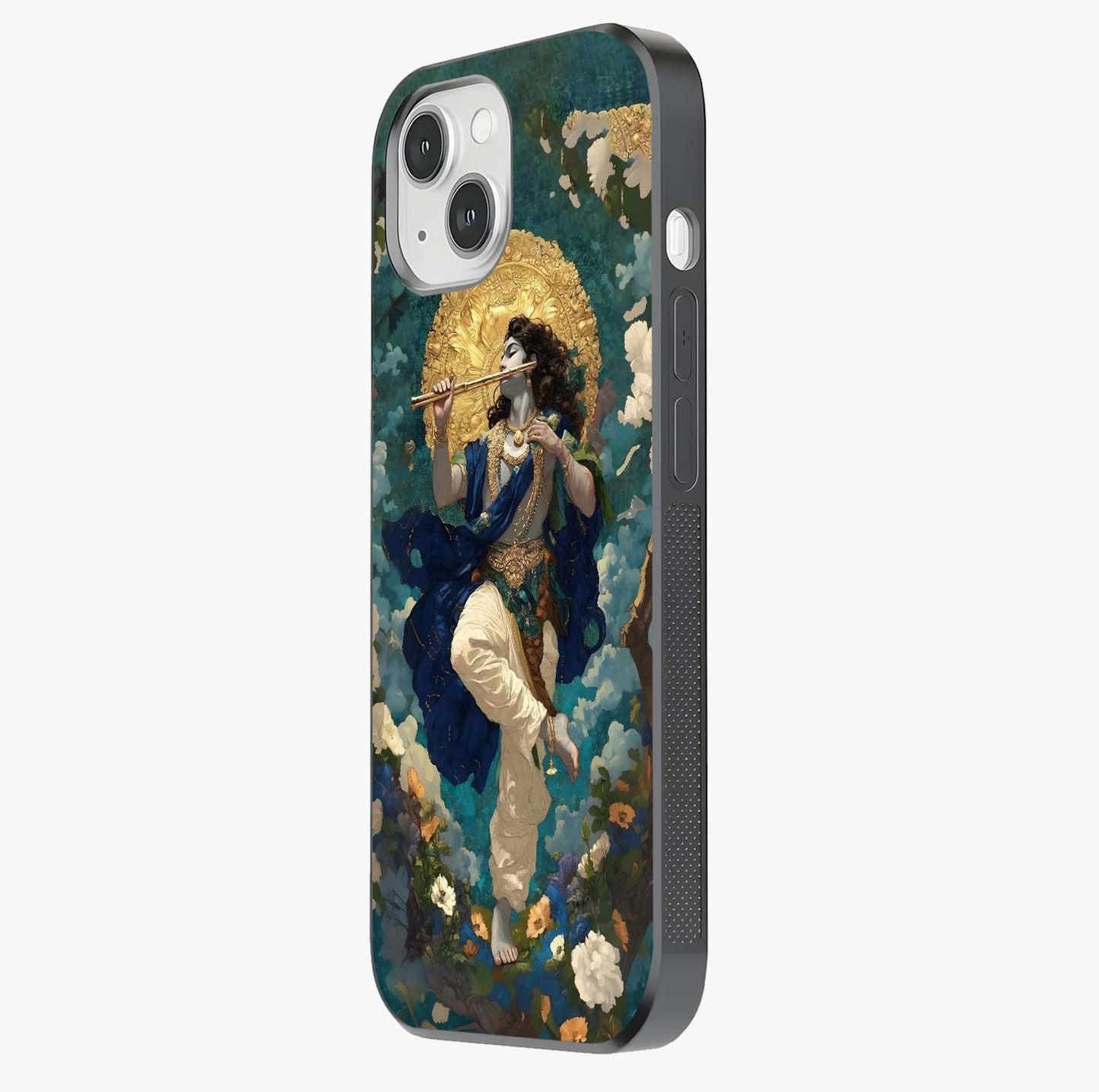 Divine Krishna Art Glass Case photographed in natural light showing reflective finish and design depth.