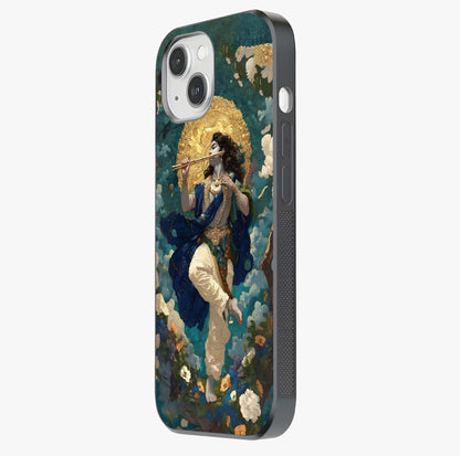Divine Krishna Art Glass Case photographed in natural light showing reflective finish and design depth.