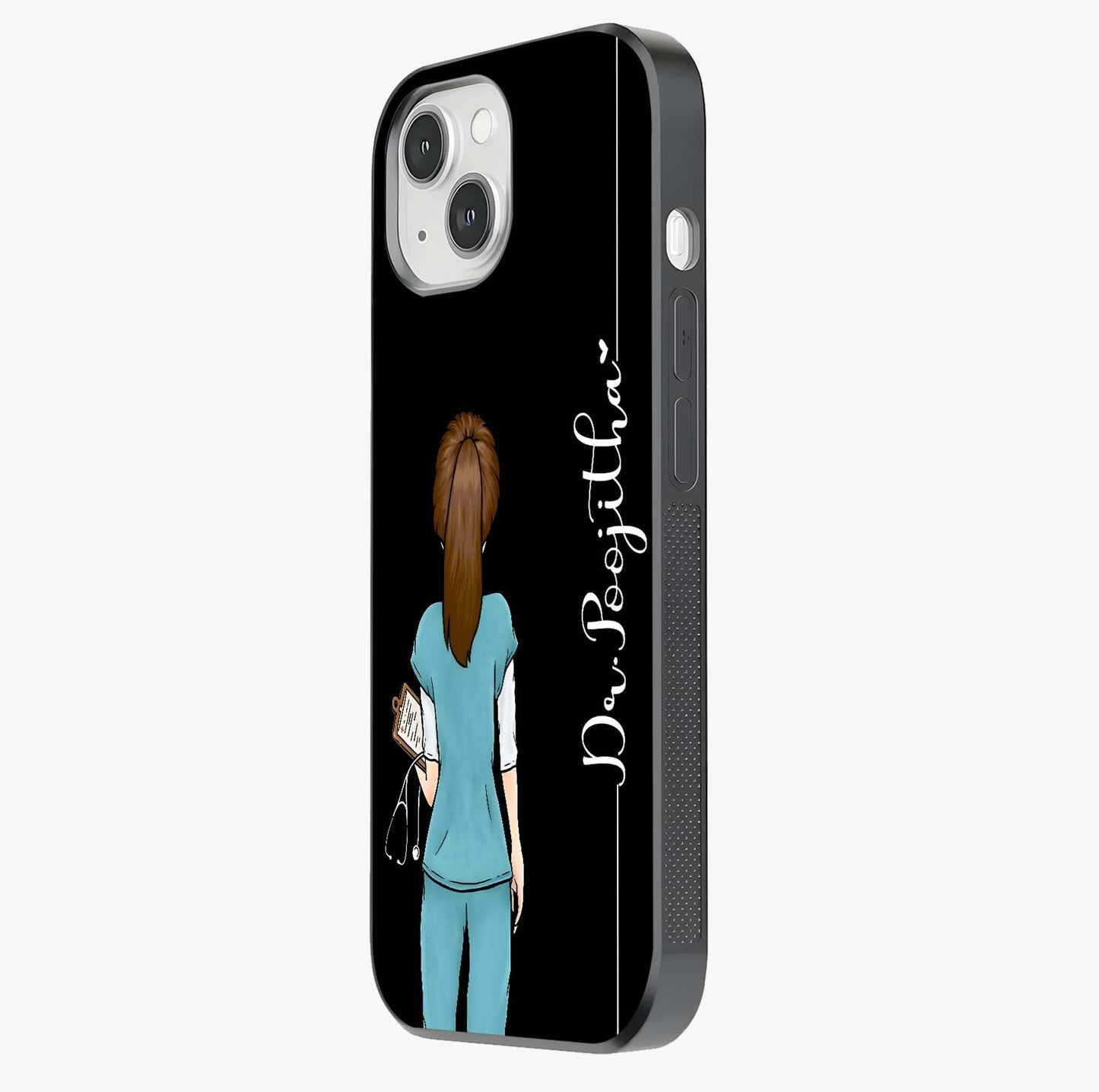 Doctor Pattern Custom Name Glass Case photographed in natural light showing reflective finish and design depth.
