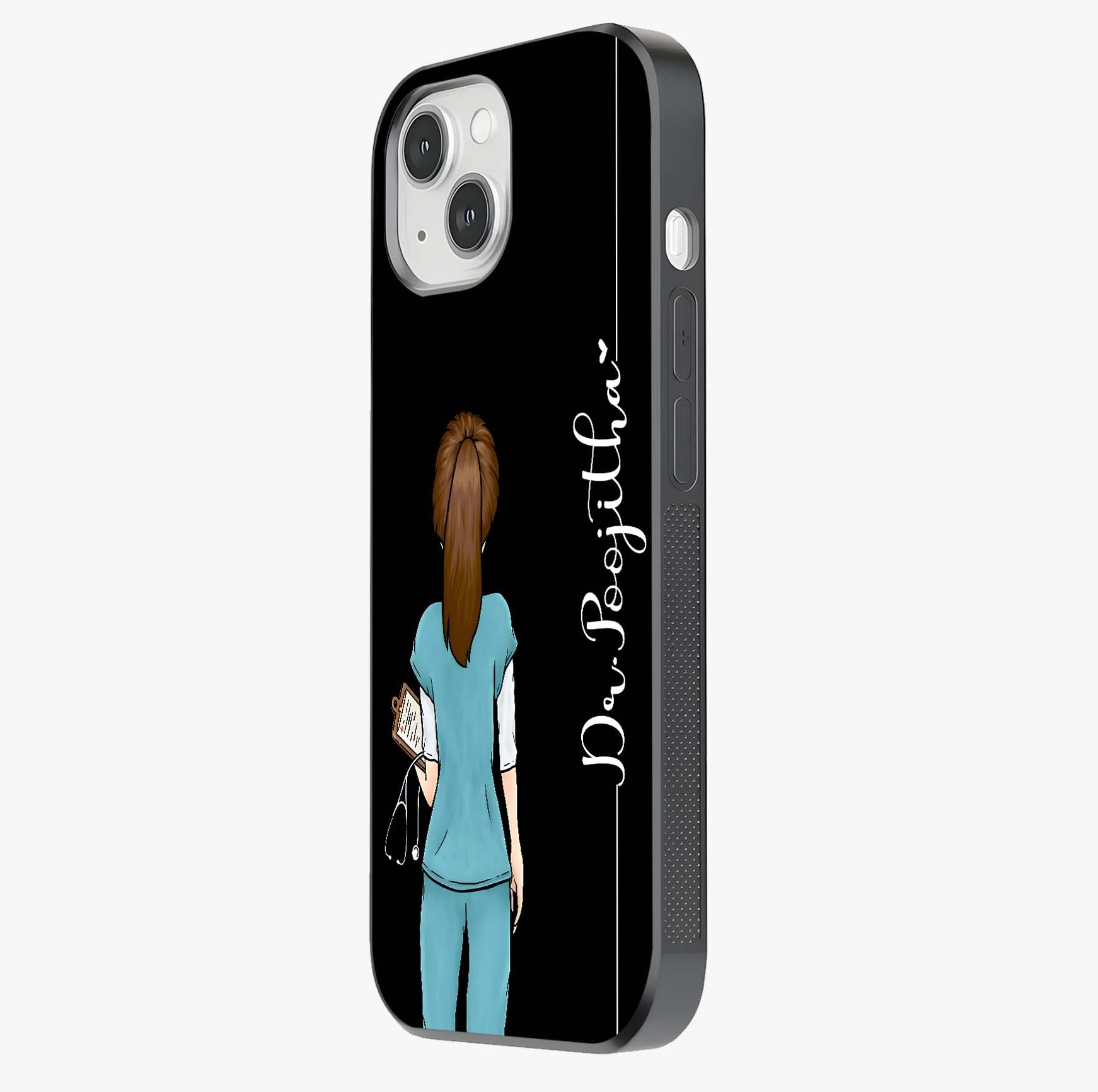Doctor Pattern Custom Name Glass Case photographed in natural light showing reflective finish and design depth.