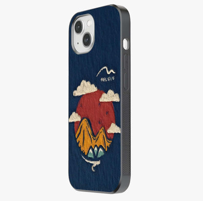 Dream Beyond Mountains Glass Case photographed in natural light showing reflective finish and design depth.