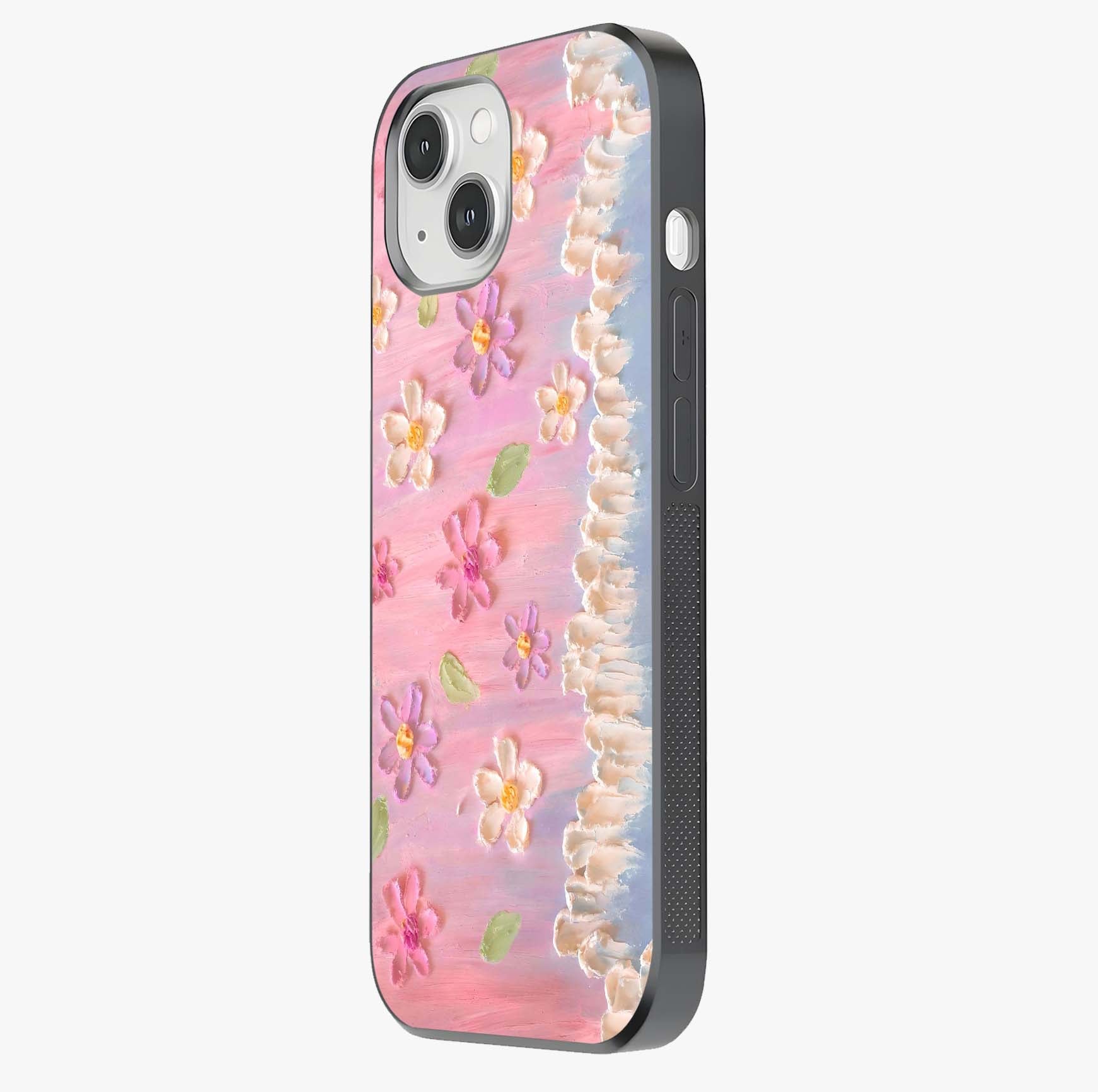 Dreamy Painted Garden Glass Case photographed in natural light showing reflective finish and design depth.