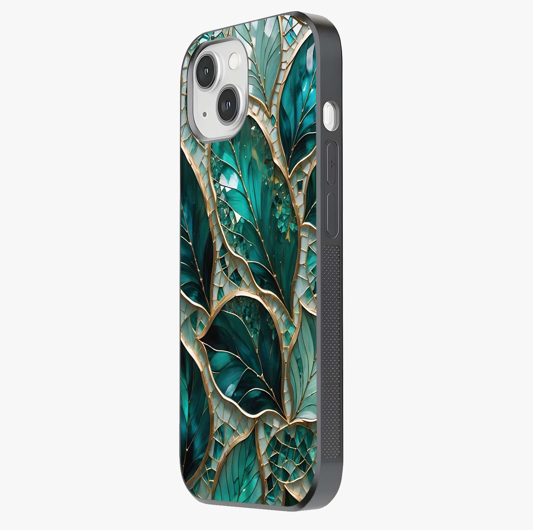 Emerald Leaf Glass Glass Case photographed in natural light showing reflective finish and design depth.