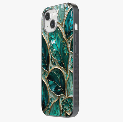 Emerald Leaf Glass Glass Case photographed in natural light showing reflective finish and design depth.