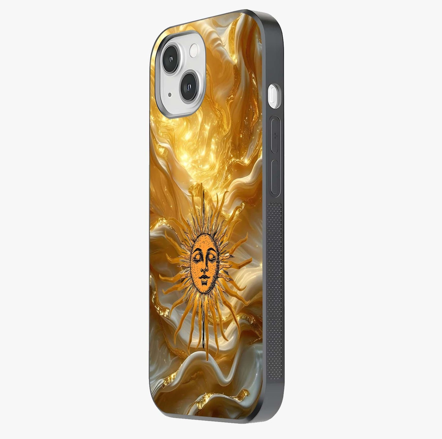 Eternal Golden Glow Glass Case photographed in natural light showing reflective finish and design depth.