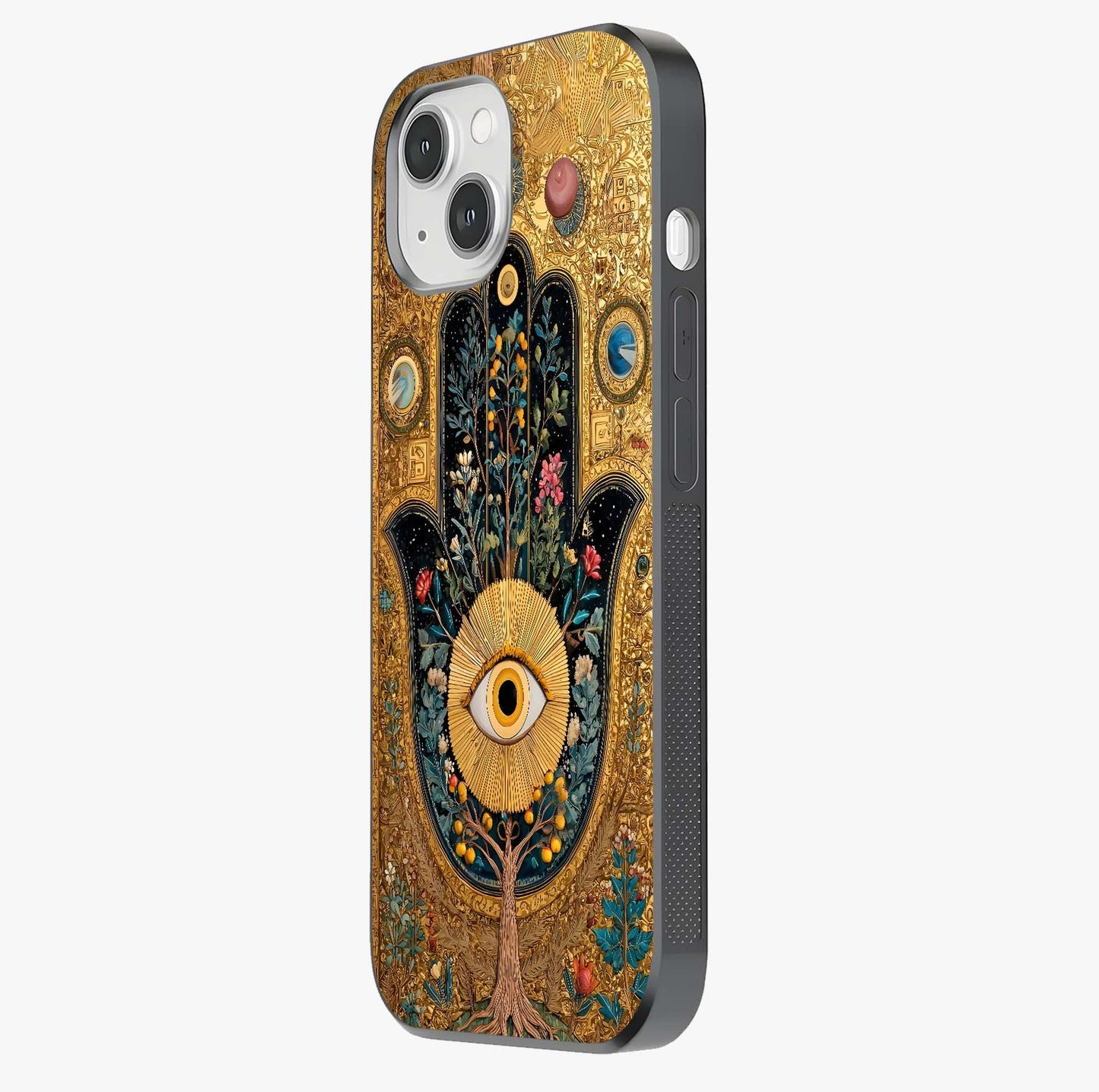 Ethereal Evil Eye Glass Case photographed in natural light showing reflective finish and design depth.