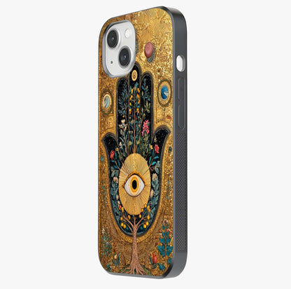 Ethereal Evil Eye Glass Case photographed in natural light showing reflective finish and design depth.