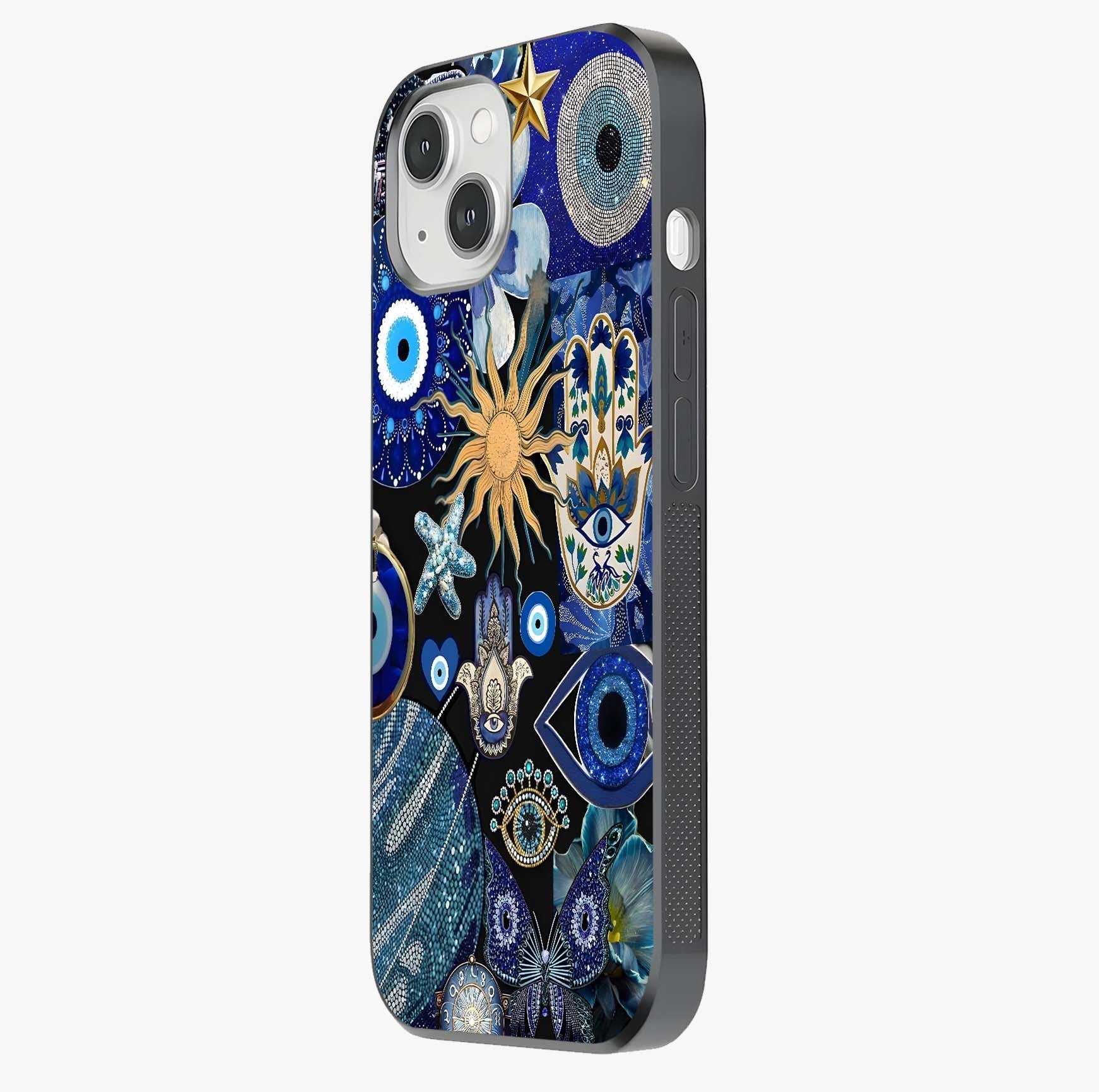 Evil Eye Charm Mix Glass Case photographed in natural light showing reflective finish and design depth.