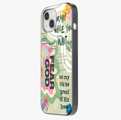 Faith Over Fear Glass Case photographed in natural light showing reflective finish and design depth.
