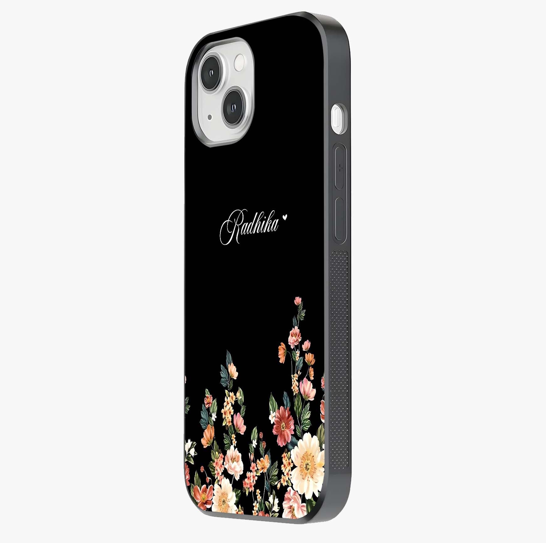Floral Design With A Custom Personalized Name Glass Case photographed in natural light showing reflective finish and design depth.