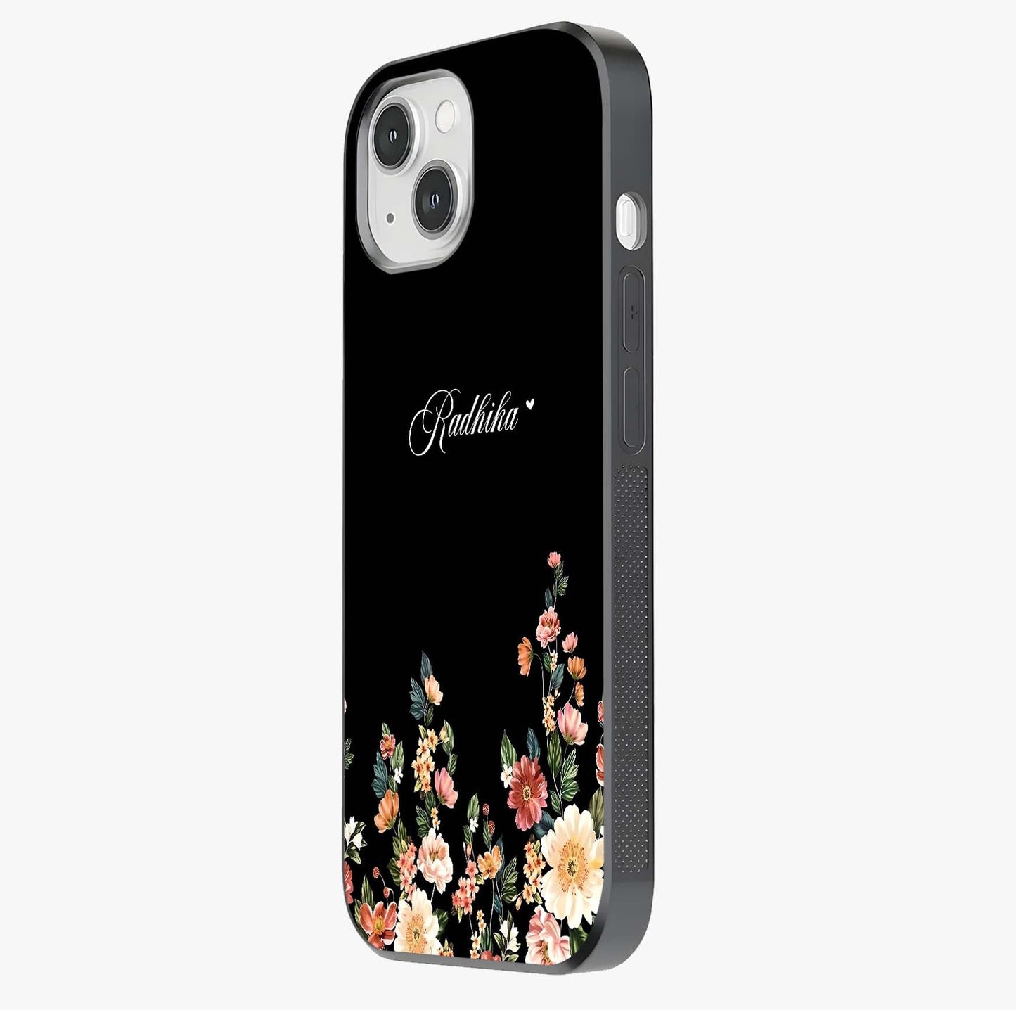 Floral Design With A Custom Personalized Name Glass Case photographed in natural light showing reflective finish and design depth.