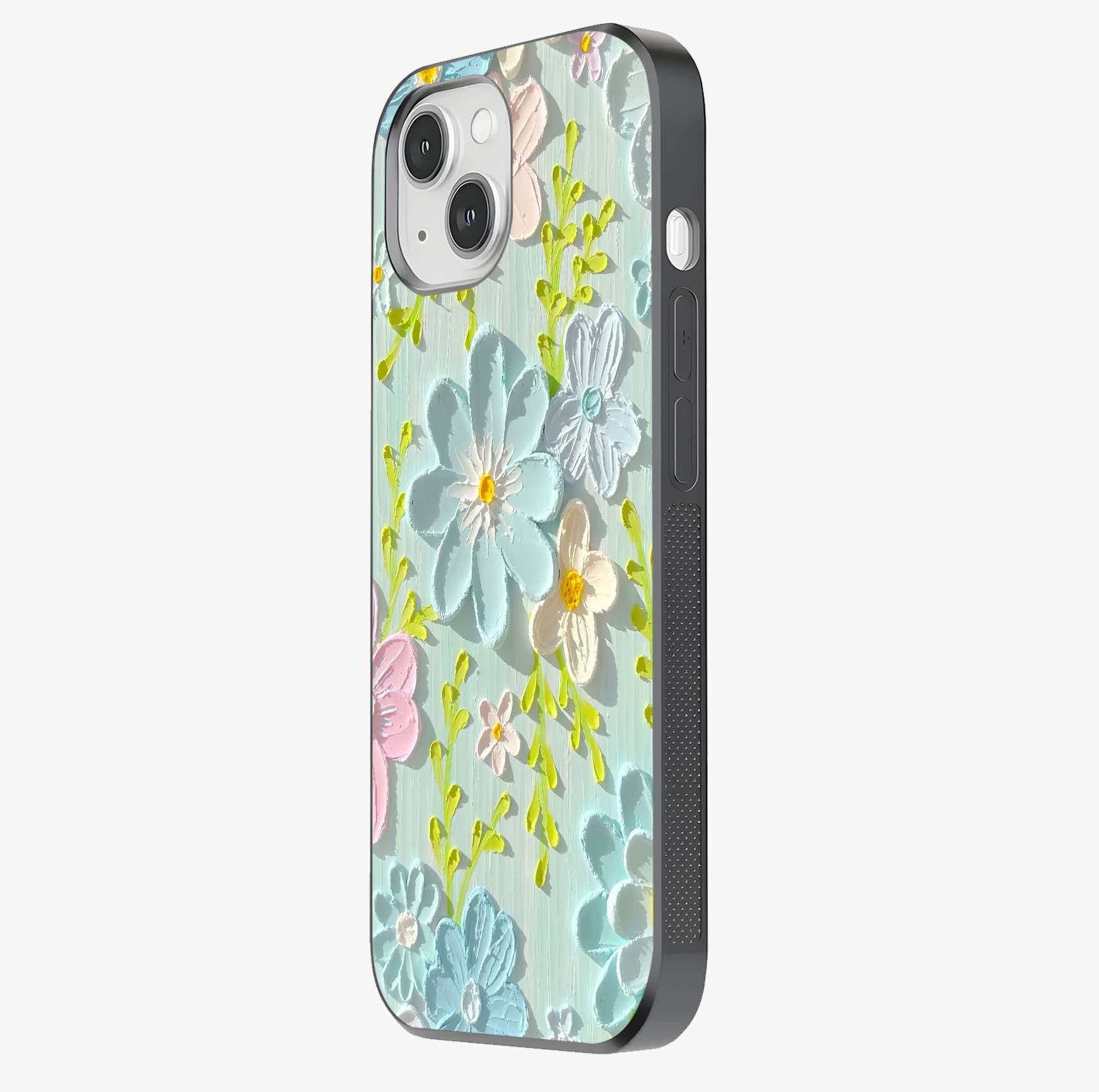 Frosted Petal Garden Glass Case photographed in natural light showing reflective finish and design depth.