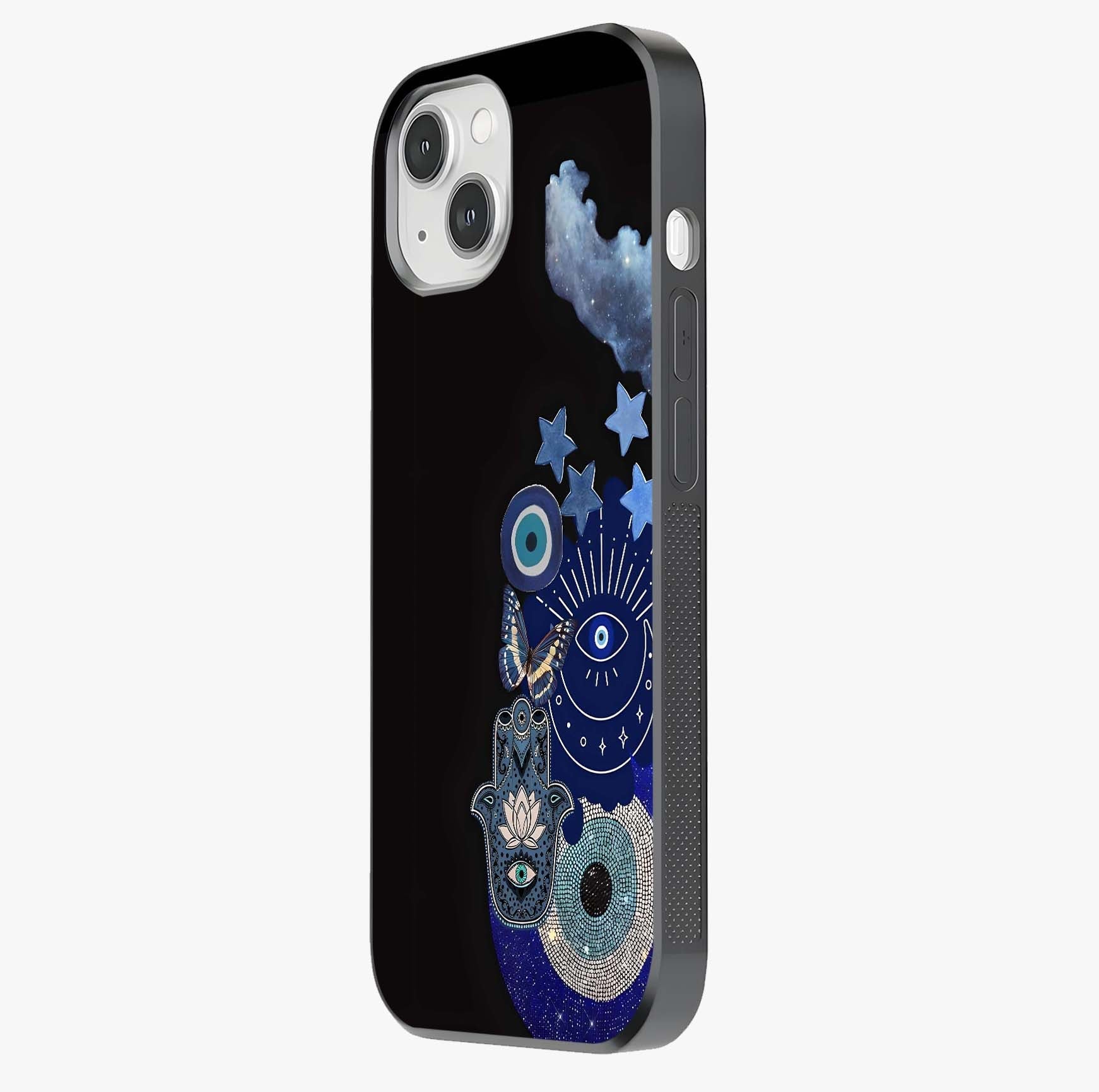 Galactic Charm Cluster Glass Case photographed in natural light showing reflective finish and design depth.