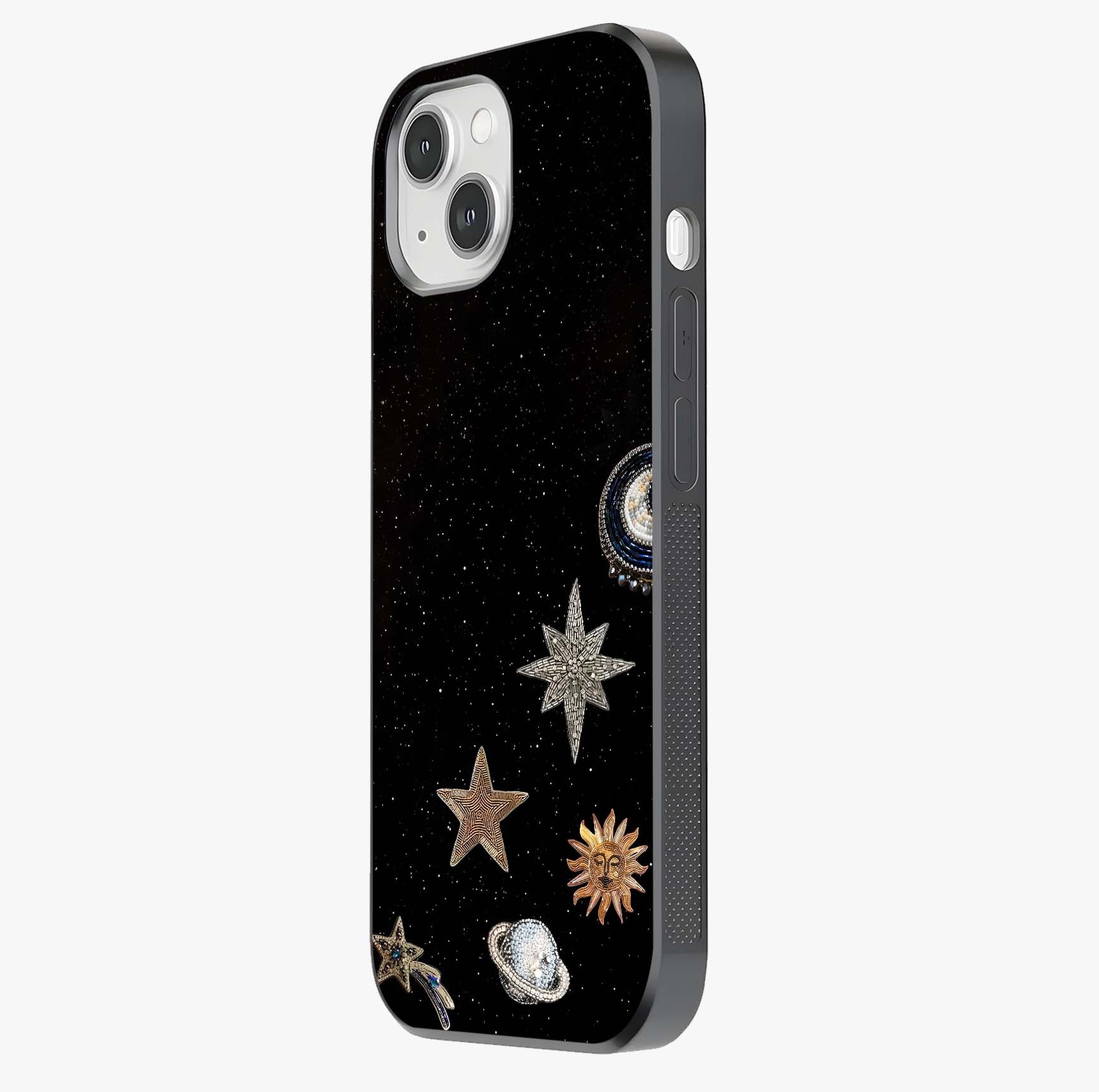 Galactic Charm Glow Glass Case photographed in natural light showing reflective finish and design depth.