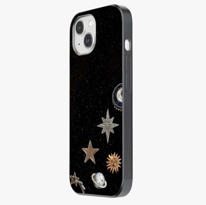 Galactic Charm Glow Glass Case photographed in natural light showing reflective finish and design depth.