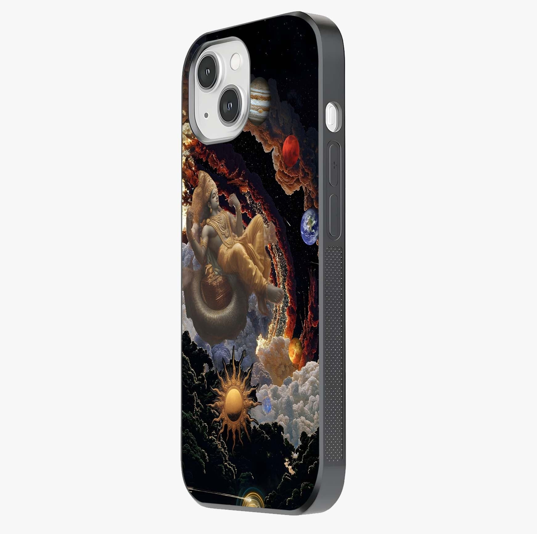 Galactic Divine God Glass Case photographed in natural light showing reflective finish and design depth.