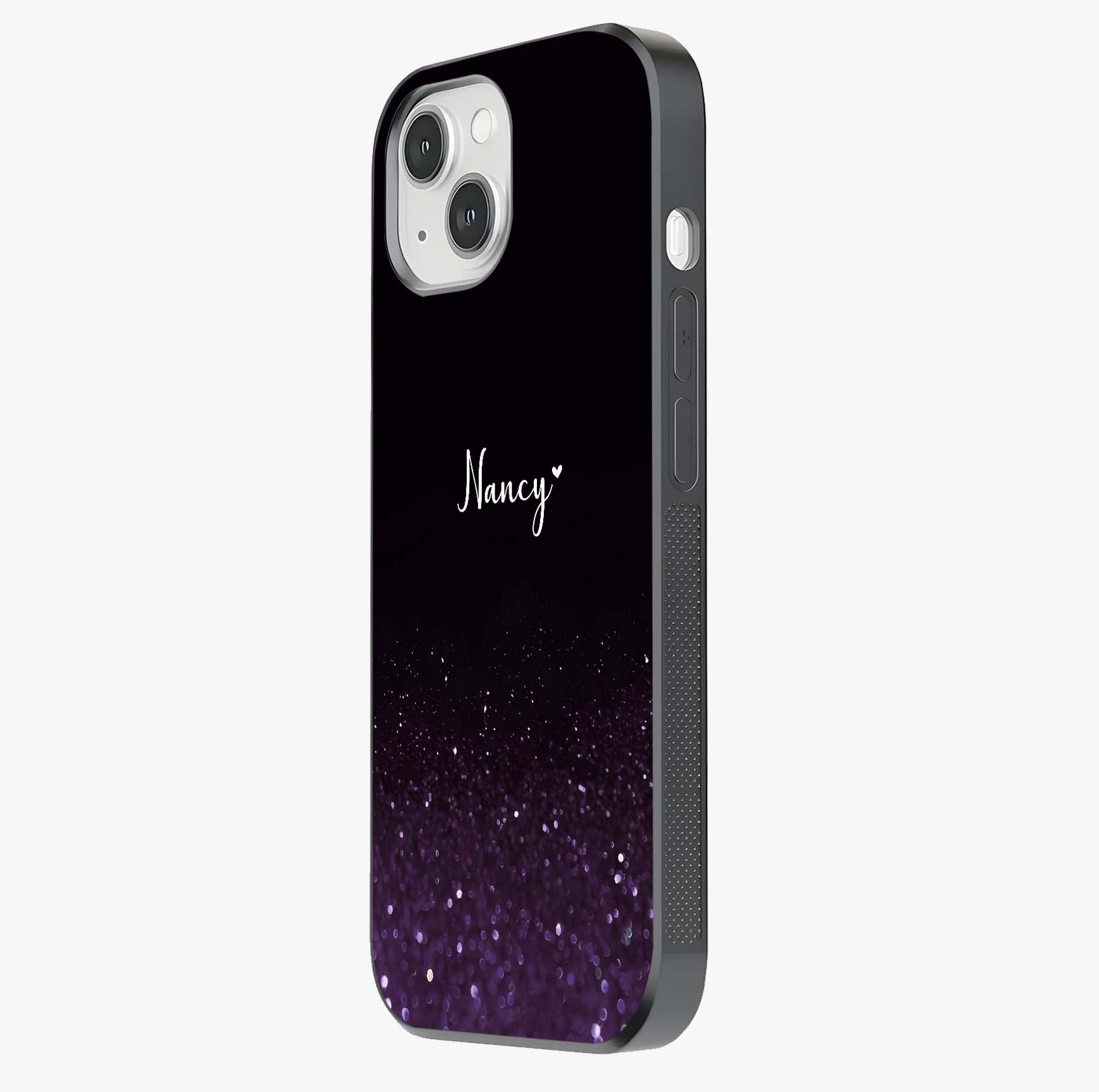 Glittery Purple Bokeh Custom Name Glass Case photographed in natural light showing reflective finish and design depth.