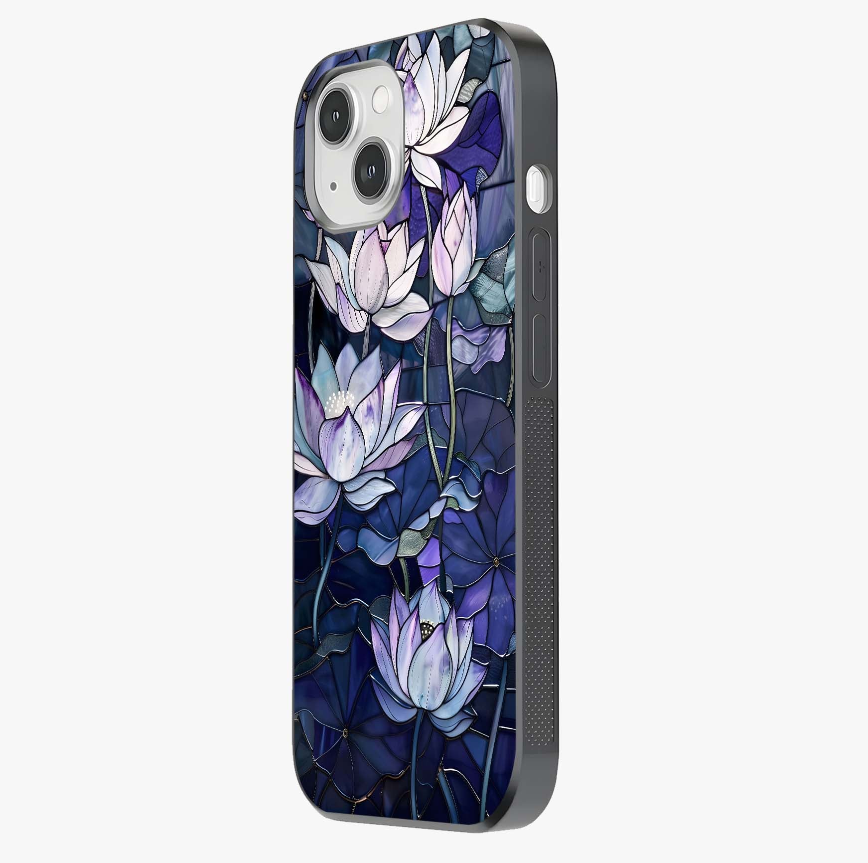 Gloss Petal Rush Glass Case photographed in natural light showing reflective finish and design depth.