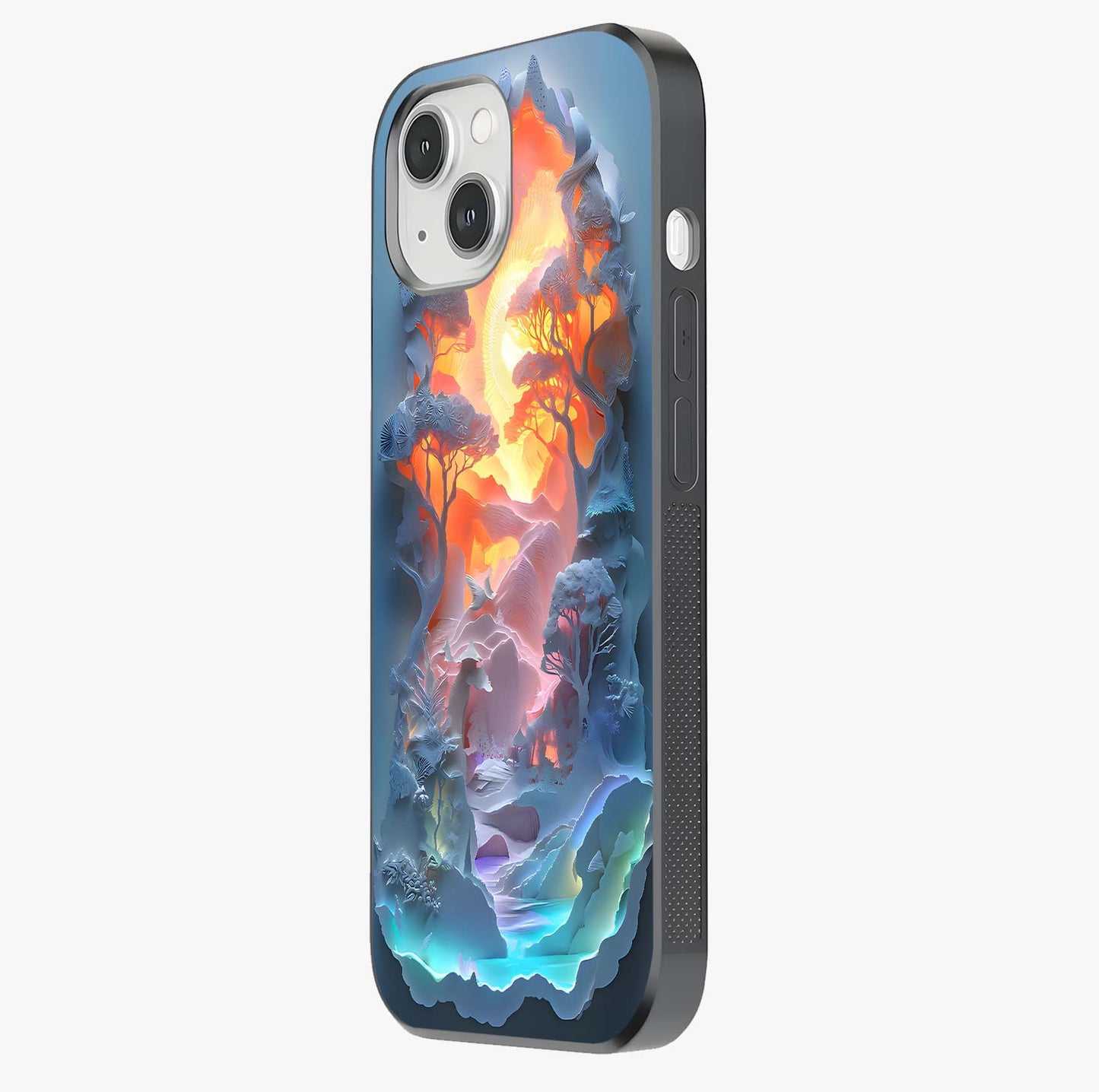 Glow Forest Portal Glass Case photographed in natural light showing reflective finish and design depth.
