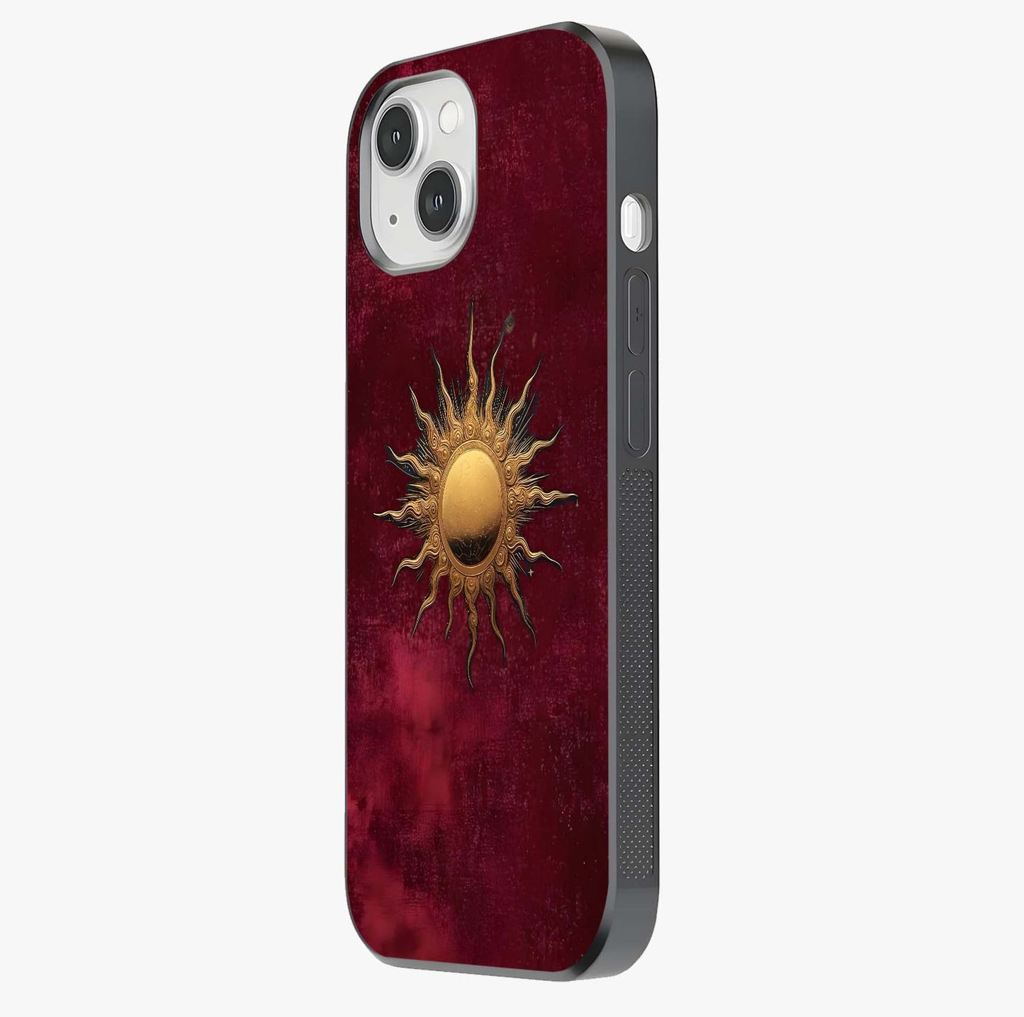 Gold Sun Blush Glass Case photographed in natural light showing reflective finish and design depth.