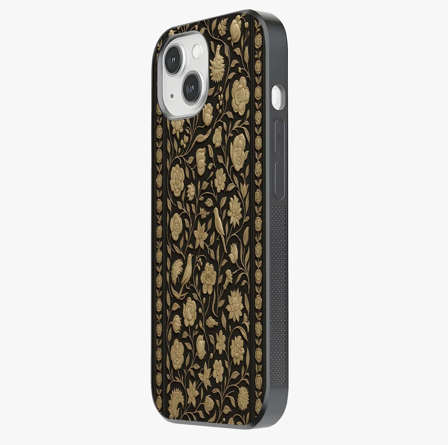 Golden Floral Majesty Glass Case photographed in natural light showing reflective finish and design depth.