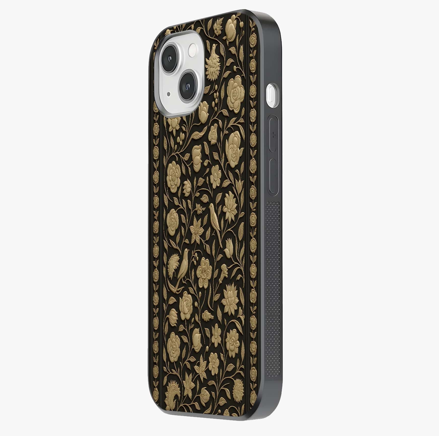 Golden Floral Majesty Glass Case photographed in natural light showing reflective finish and design depth.