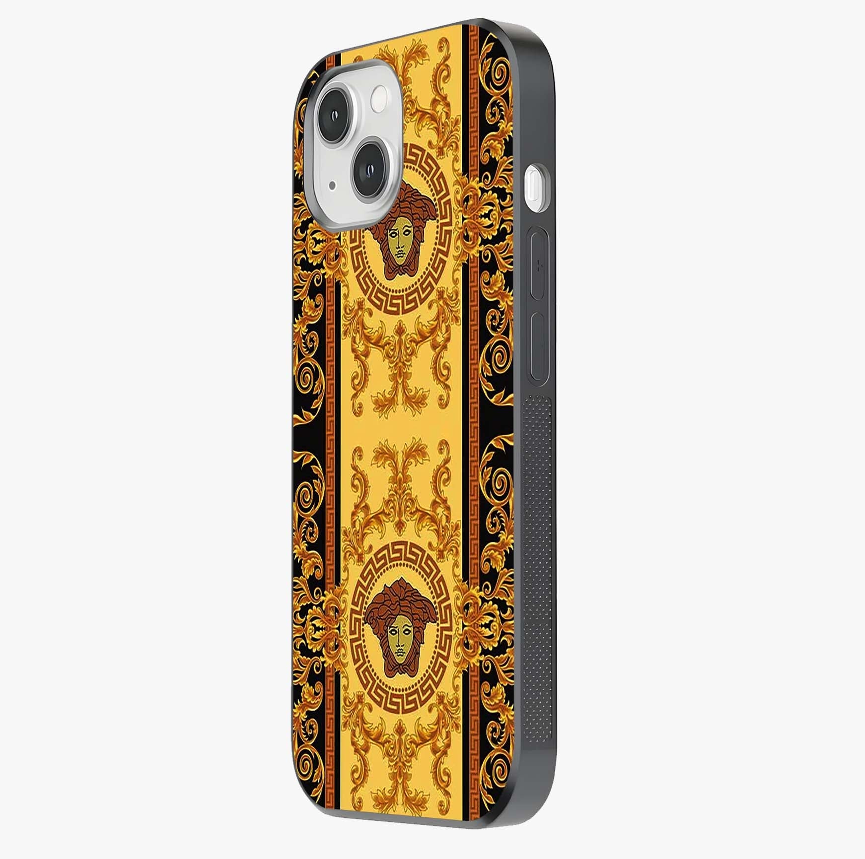 Golden Royal Heritage Glass Case photographed in natural light showing reflective finish and design depth.