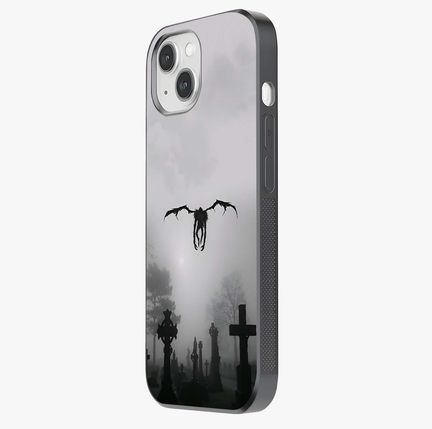Graveyard Shadow Descent Glass Case photographed in natural light showing reflective finish and design depth.