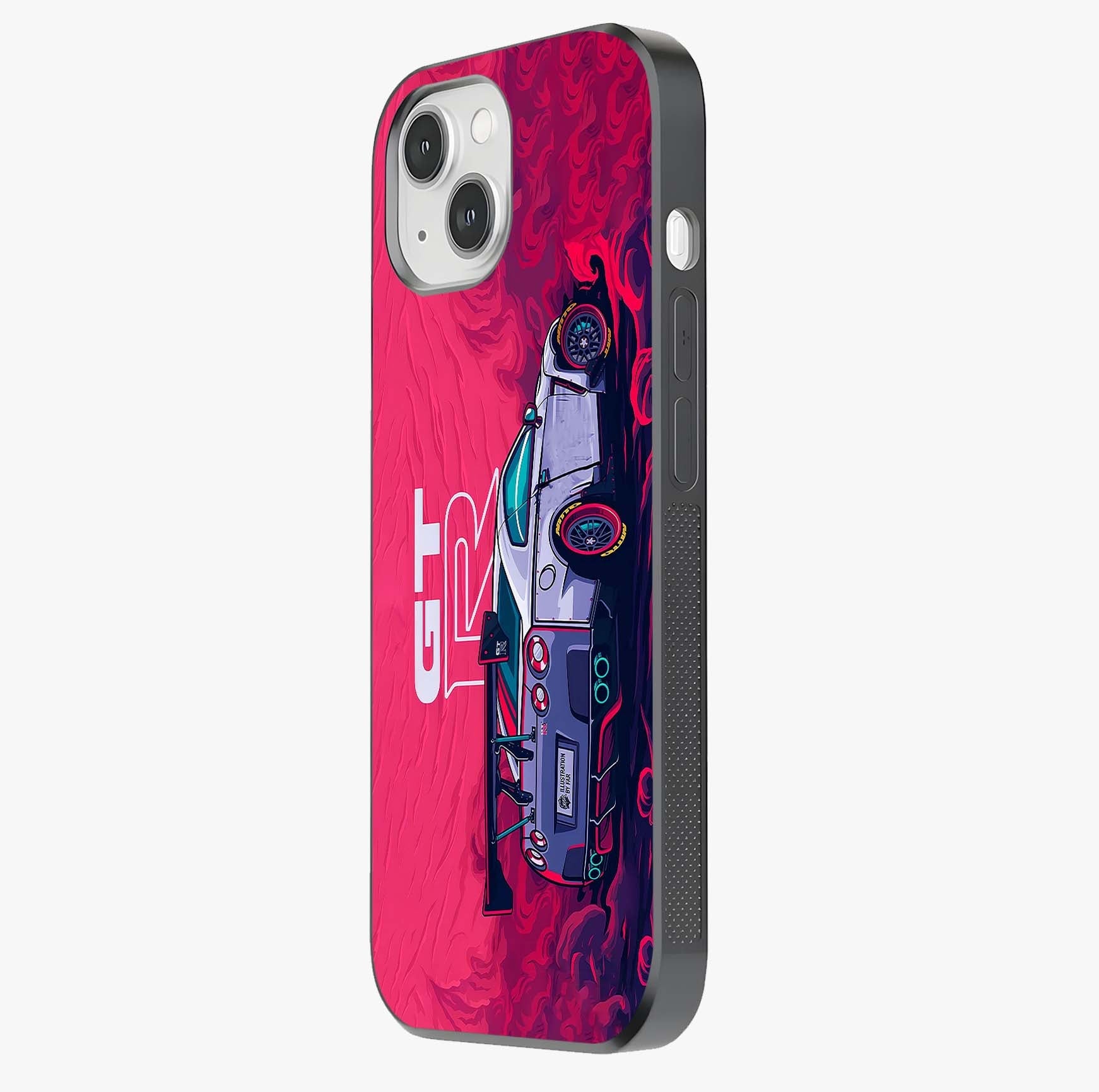 GT R Car Pattern Glass Case photographed in natural light showing reflective finish and design depth.